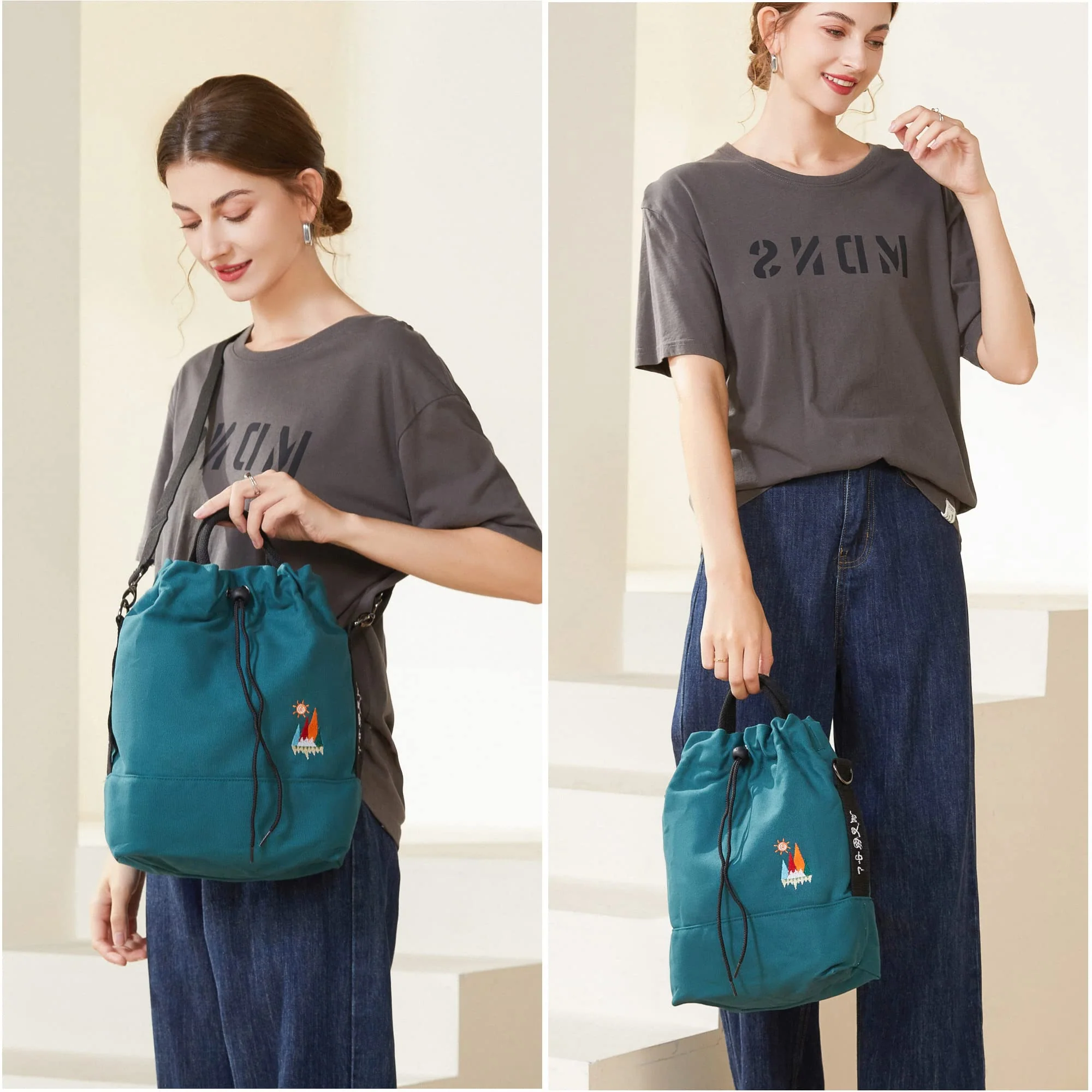 Togood Women's Casual Canvas Tote Handbag with Sunshine Embroidery, Blackish Green, Medium - Image 3