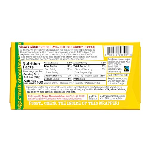 Tony’s Chocolonely Belgian Milk Chocolate Honey Almond Nougat Candy Bar for Snacks, Chocolate Bar for Party Favors, Gifts, or Gift Basket, 32% Cacao, Made From Quality Fairtrade Cocoa, 6.35 Oz - Image 6