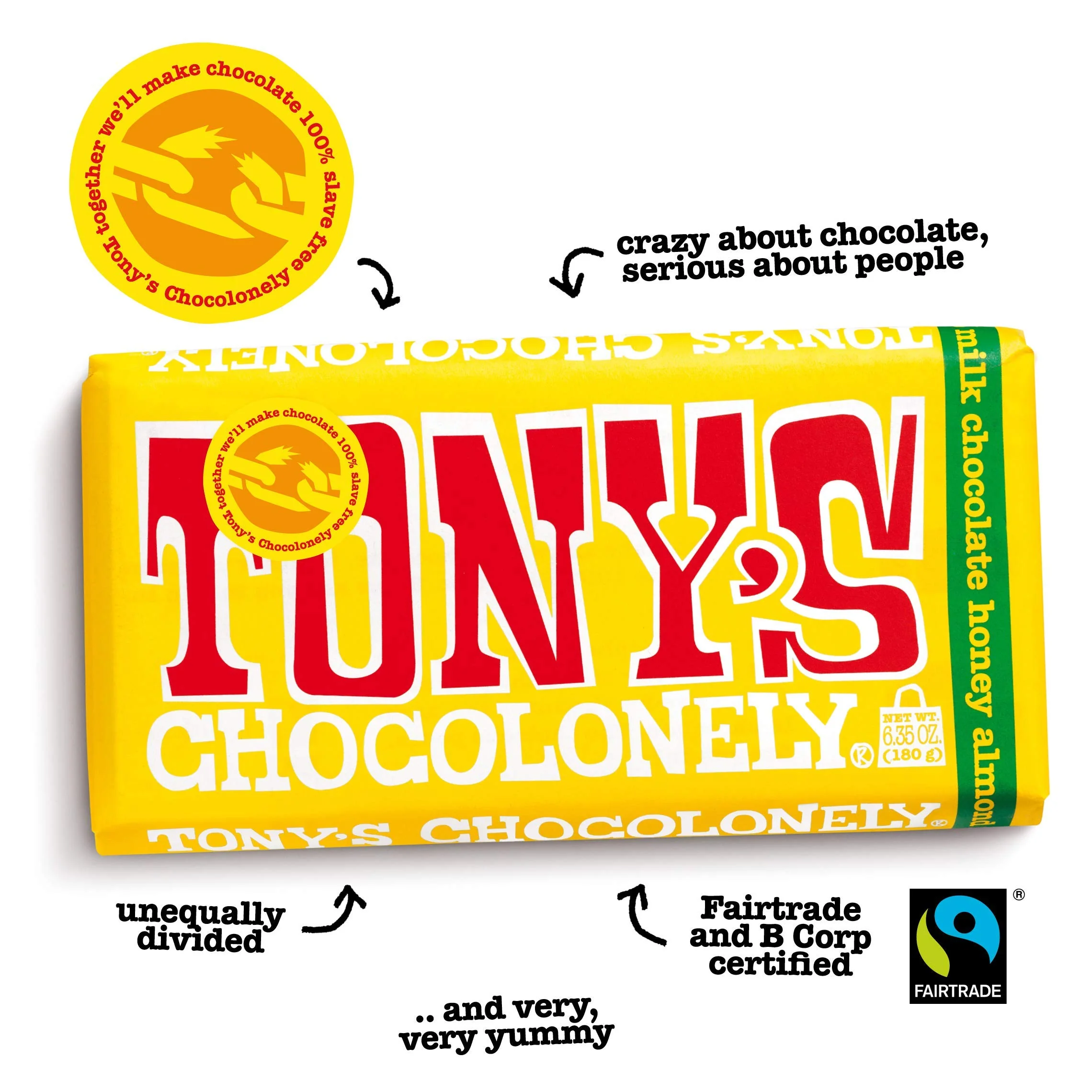 Tony's Chocolonely 32% Milk Chocolate Bar with Honey Almond Nougat, 6.35 Ounce, 15 Pack - Image 4