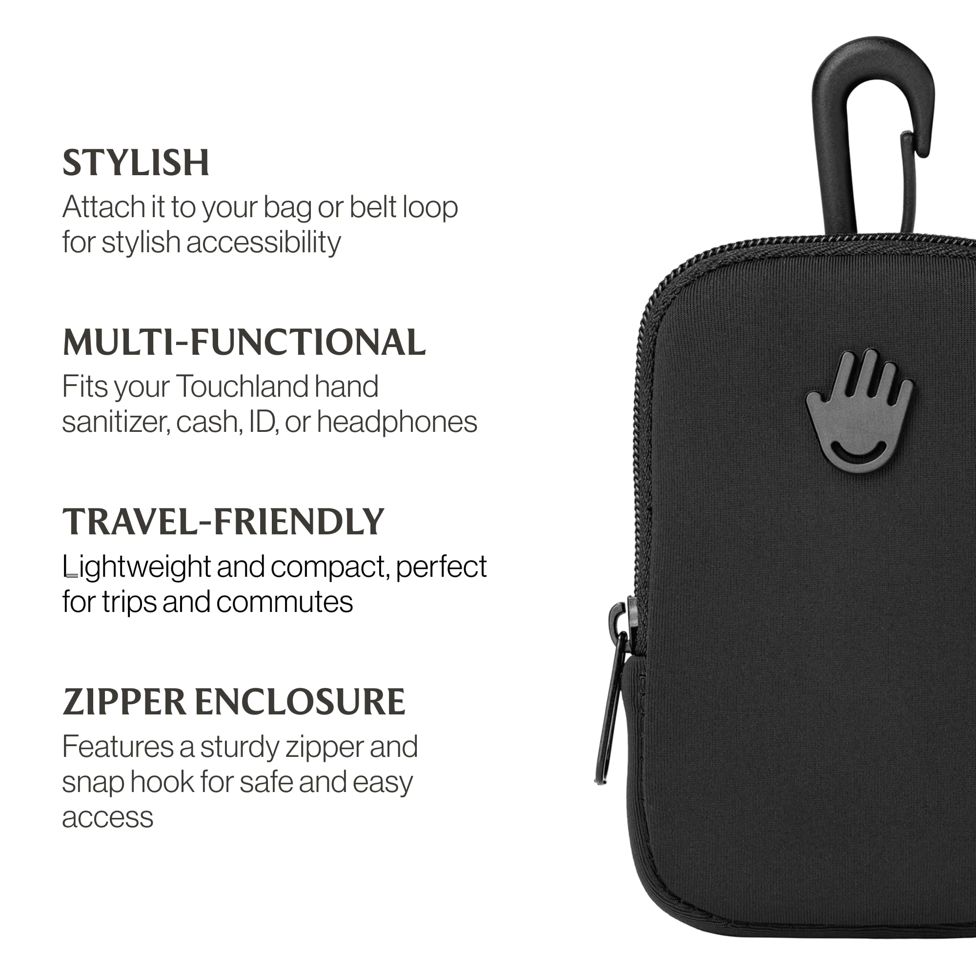 Touchette Zippered Pouch, Attachable Fashion Accessory with Snap Hook for Touchland Hand Sanitizer 1FL OZ., Black - Image 2