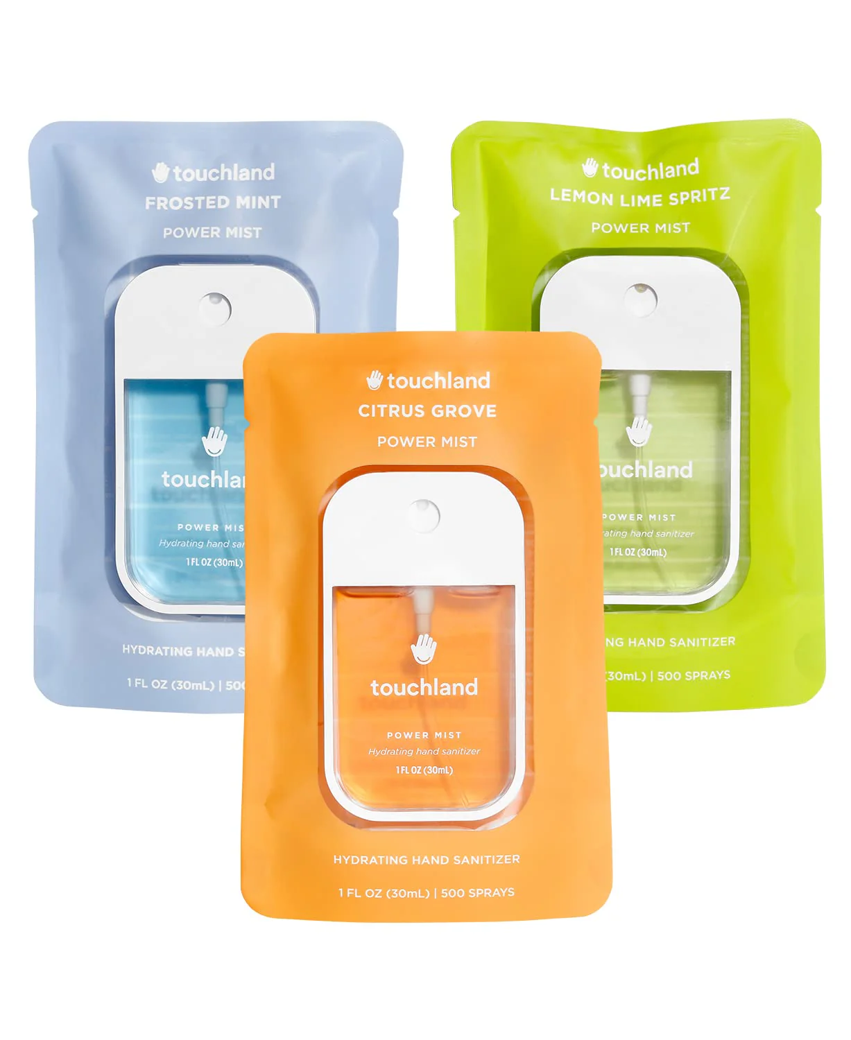 Touchland Hydrating Hand Sanitizer Spray, FRESH Trio Set (Mint, Citrus, Lemon Lime), 1 FL. OZ. Travel Size Power Mist Sprays (Set of 3)