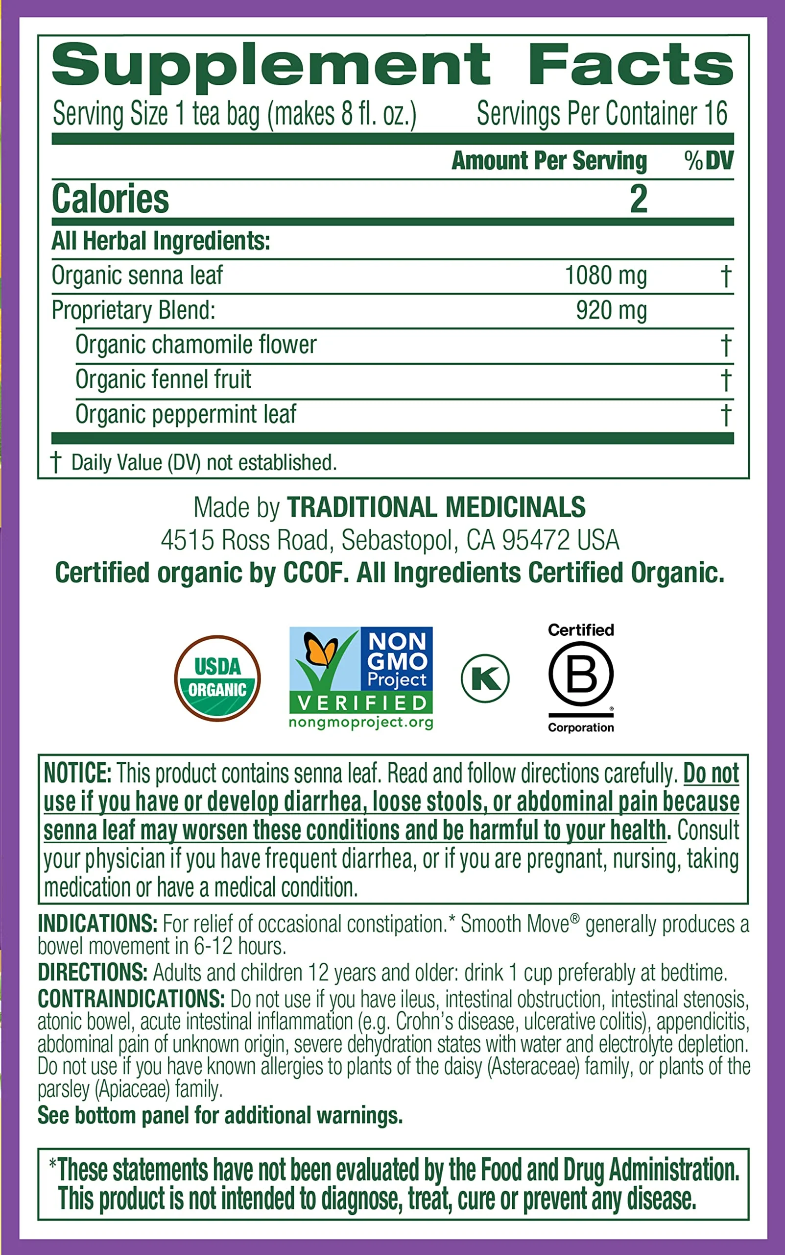 Traditional Medicinals Organic Smooth Move Senna Chamomile Herbal Tea, Relieves Occasional Constipation, (Pack of 1) - 16 Tea Bags - Image 5