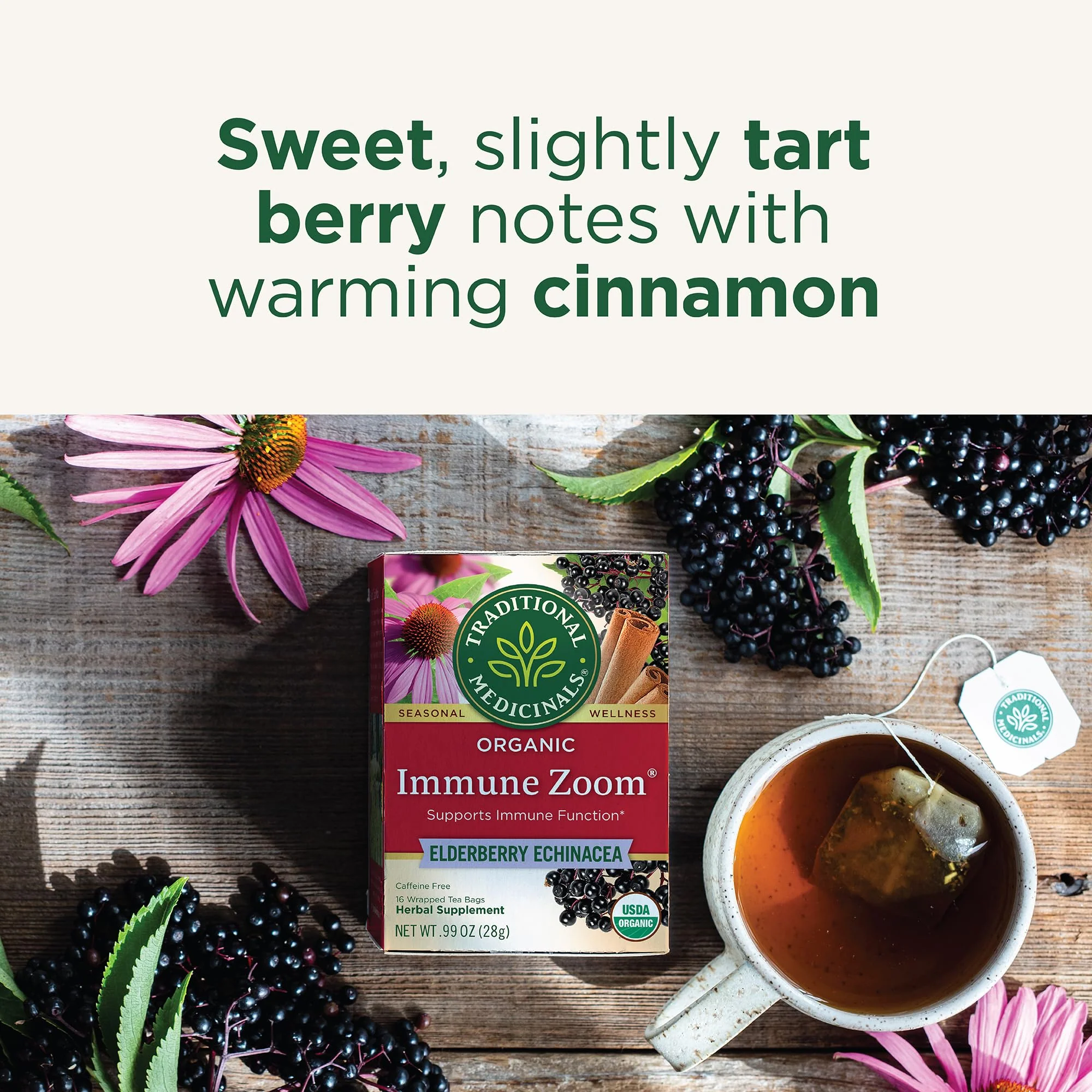 Traditional Medicinals Tea, Organic Immune Zoom Elderberry Echinacea - Supports Immune Function - Kosher, Non-GMO, Caffeine-Free, Compostable - 16 Tea Bags - Image 3