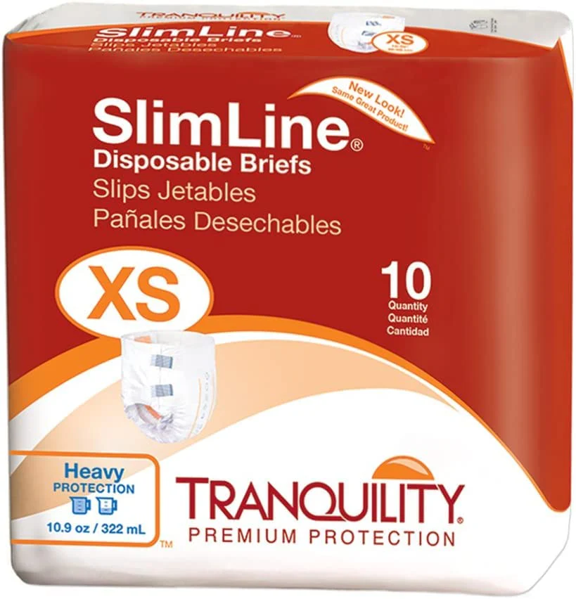 Tranquility Slimline Original Adult Disposable Brief, Adult X-Small, Incontinence Care with a Slimmer Fit, Peach Mat Core& Kufguard Technology for Max Comfort, Latex-Free, 10.9oz Capacity, 10ct Bag