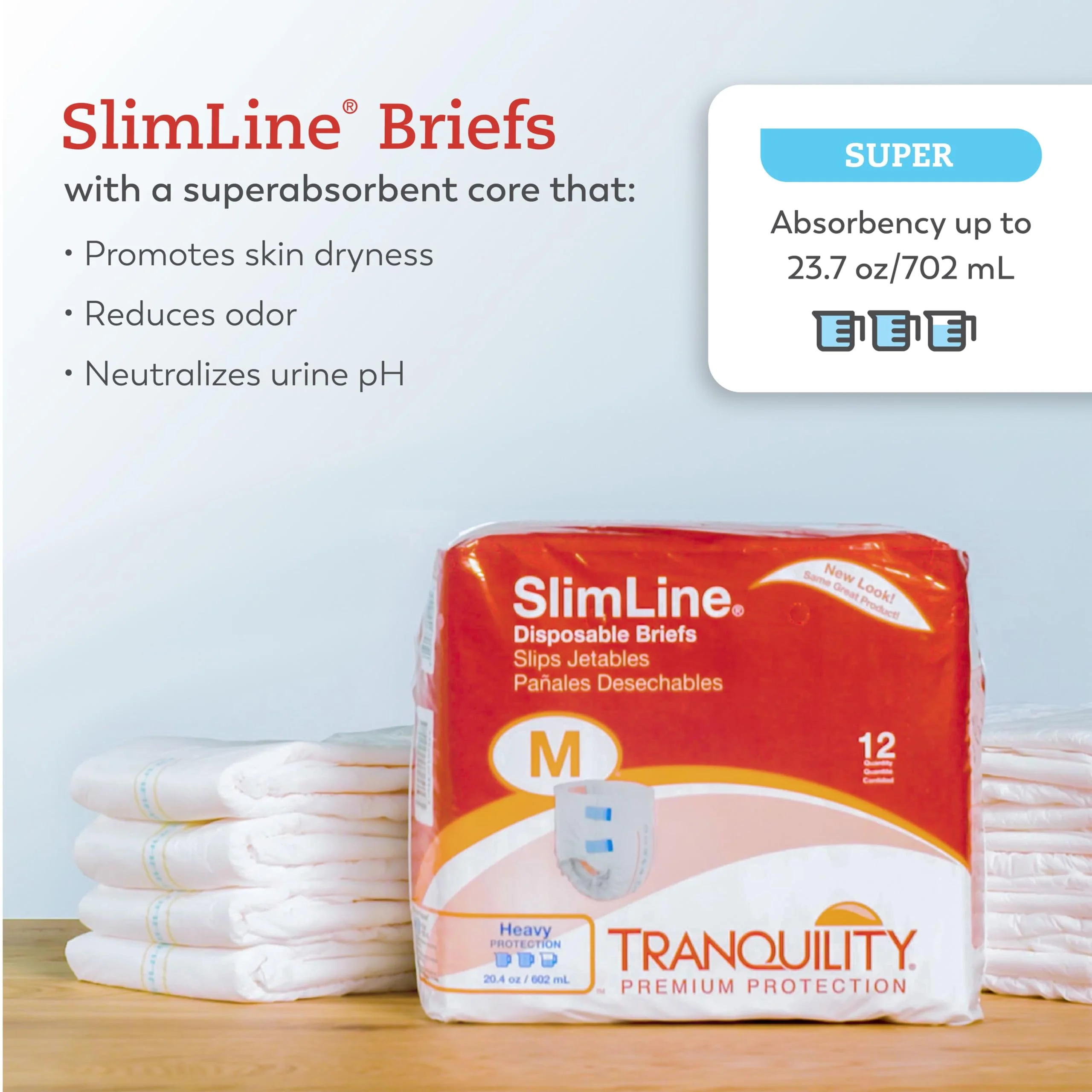 Tranquility Slimline Original Adult Disposable Brief, Adult X-Small, Incontinence Care with a Slimmer Fit, Peach Mat Core& Kufguard Technology for Max Comfort, Latex-Free, 10.9oz Capacity, 10ct Bag - Image 7