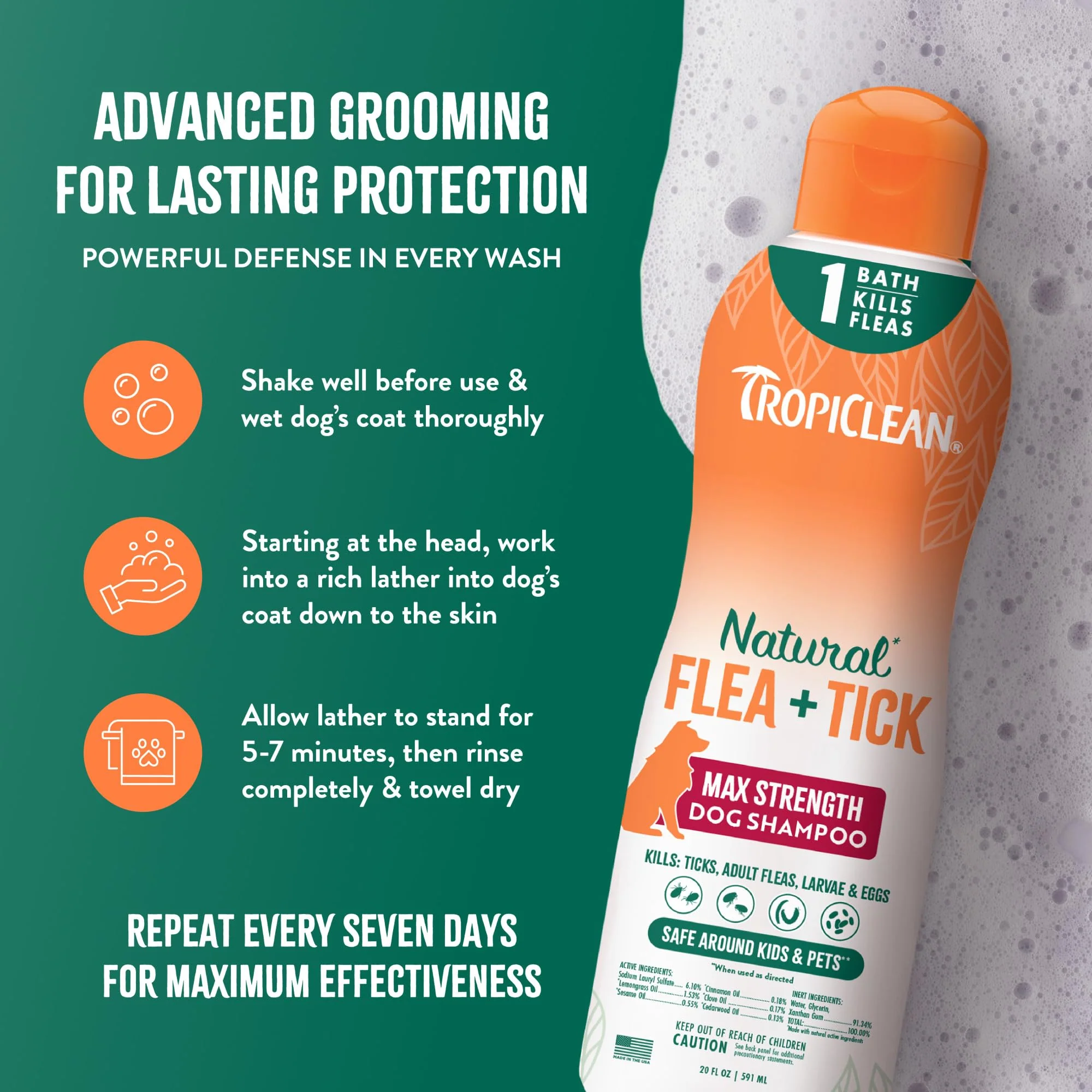 TropiClean Max Strength Flea and Tick Shampoo Treatment for Dogs, Powerful & Natural Defense, Prevention for Large & Small Dogs, Made in USA, 20oz - Image 4