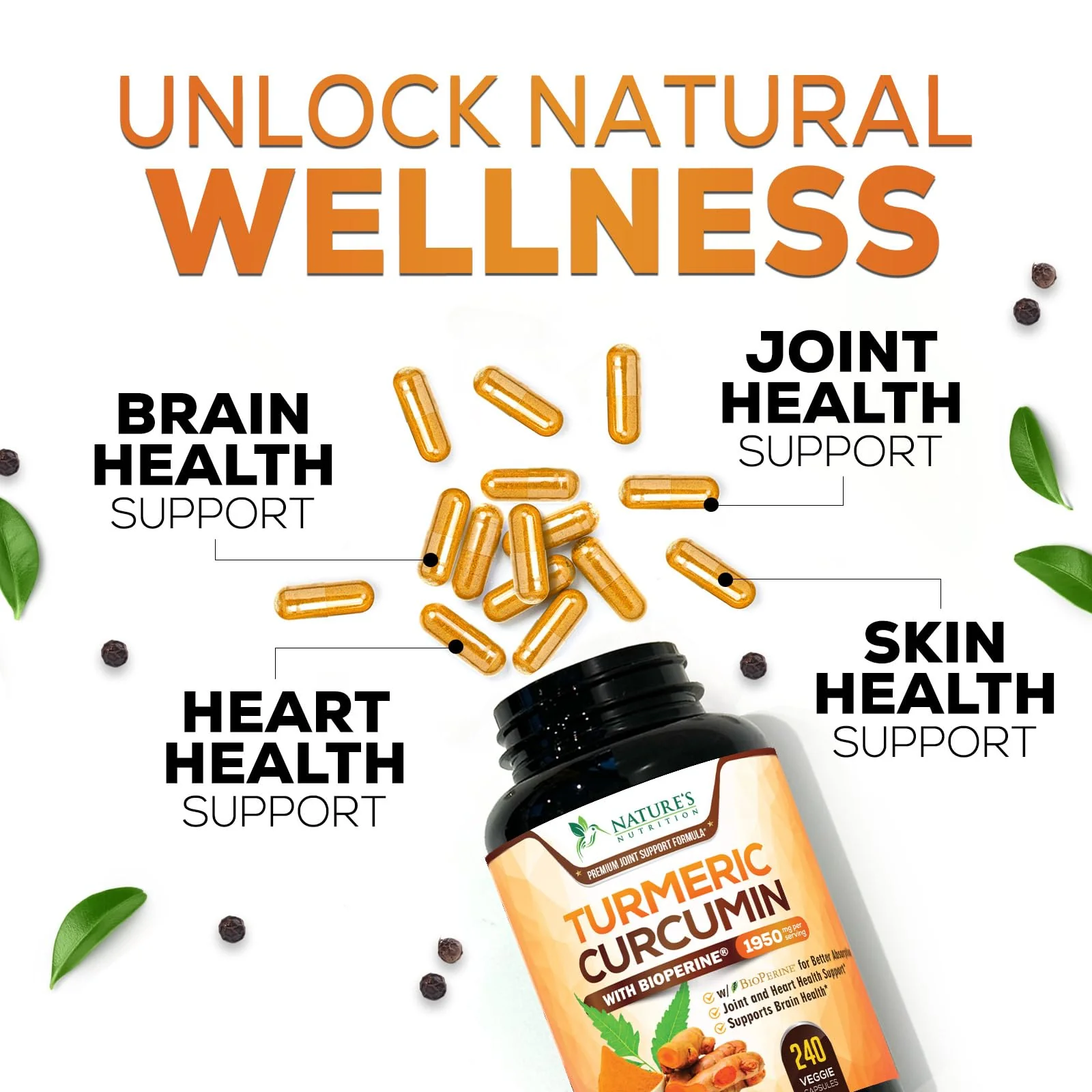 Turmeric Curcumin Supplement 95% Curcuminoids - 1800mg Organic Turmeric Per Serving - BioPerine Black Pepper Extract for Best Absorption, Natural Joint Support, Non-GMO, Bottled in USA - 240 Capsules - Image 4