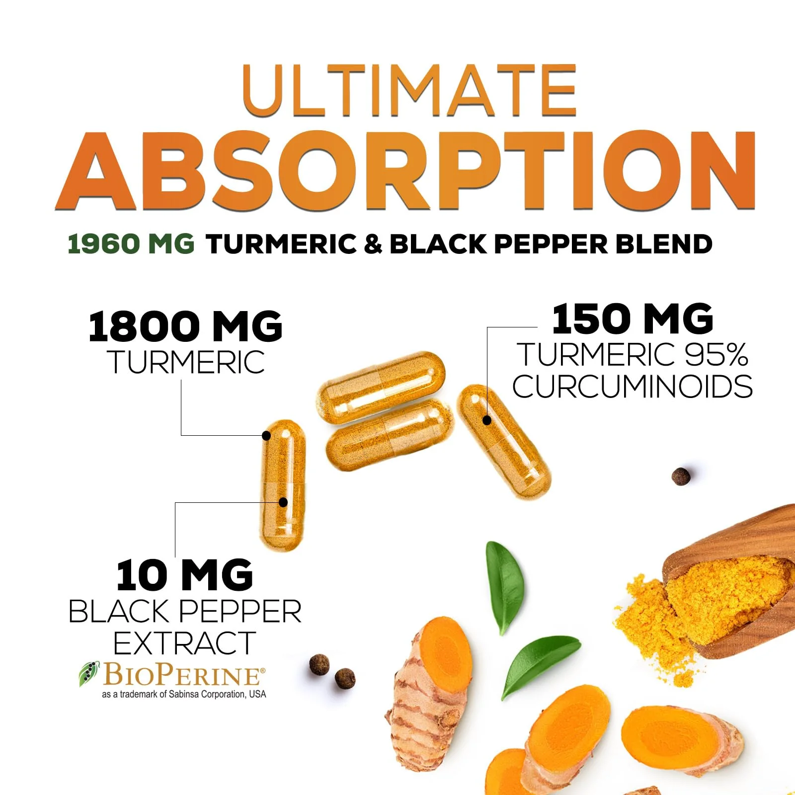 Turmeric Curcumin Supplement 95% Curcuminoids - 1800mg Organic Turmeric Per Serving - BioPerine Black Pepper Extract for Best Absorption, Natural Joint Support, Non-GMO, Bottled in USA - 240 Capsules - Image 5