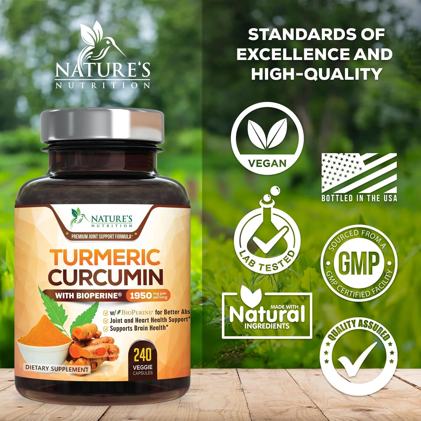 Turmeric Curcumin Supplement 95% Curcuminoids - 1800mg Organic Turmeric Per Serving - BioPerine Black Pepper Extract for Best Absorption, Natural Joint Support, Non-GMO, Bottled in USA - 240 Capsules - Image 7