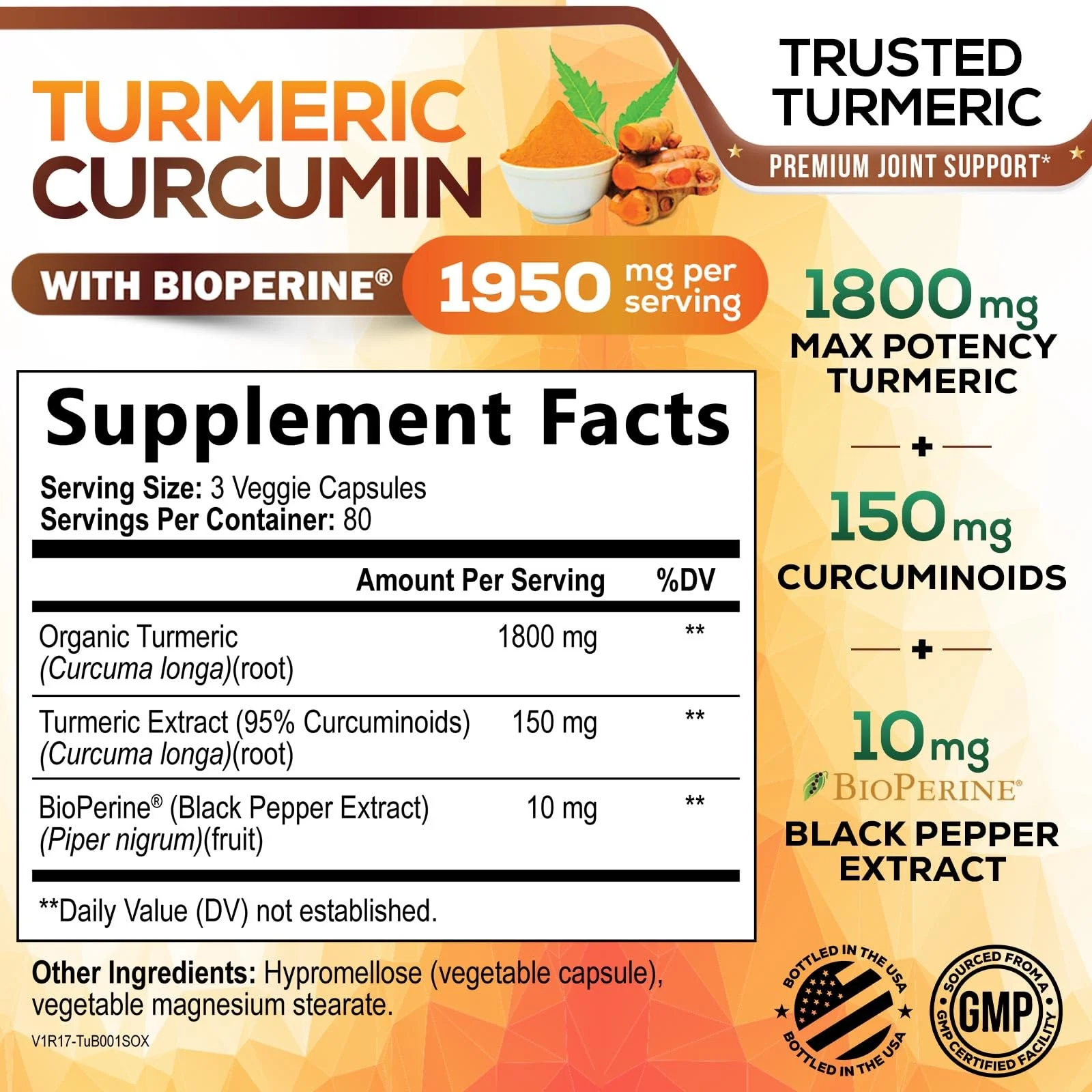 Turmeric Curcumin Supplement 95% Curcuminoids - 1800mg Organic Turmeric Per Serving - BioPerine Black Pepper Extract for Best Absorption, Natural Joint Support, Non-GMO, Bottled in USA - 240 Capsules - Image 9