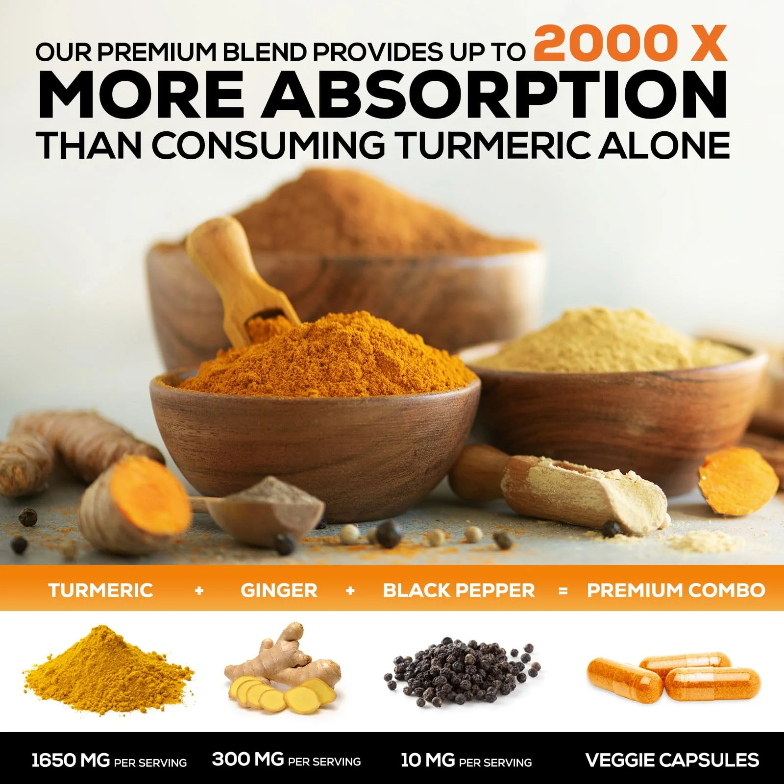 Turmeric Curcumin Supplement - 95% Curcuminoids with Organic Turmeric & Ginger, BioPerine Black Pepper Extract for Best Absorption, Natural Vegan Joint Support, Non-GMO, Bottled in USA - 240 Capsules - Image 6