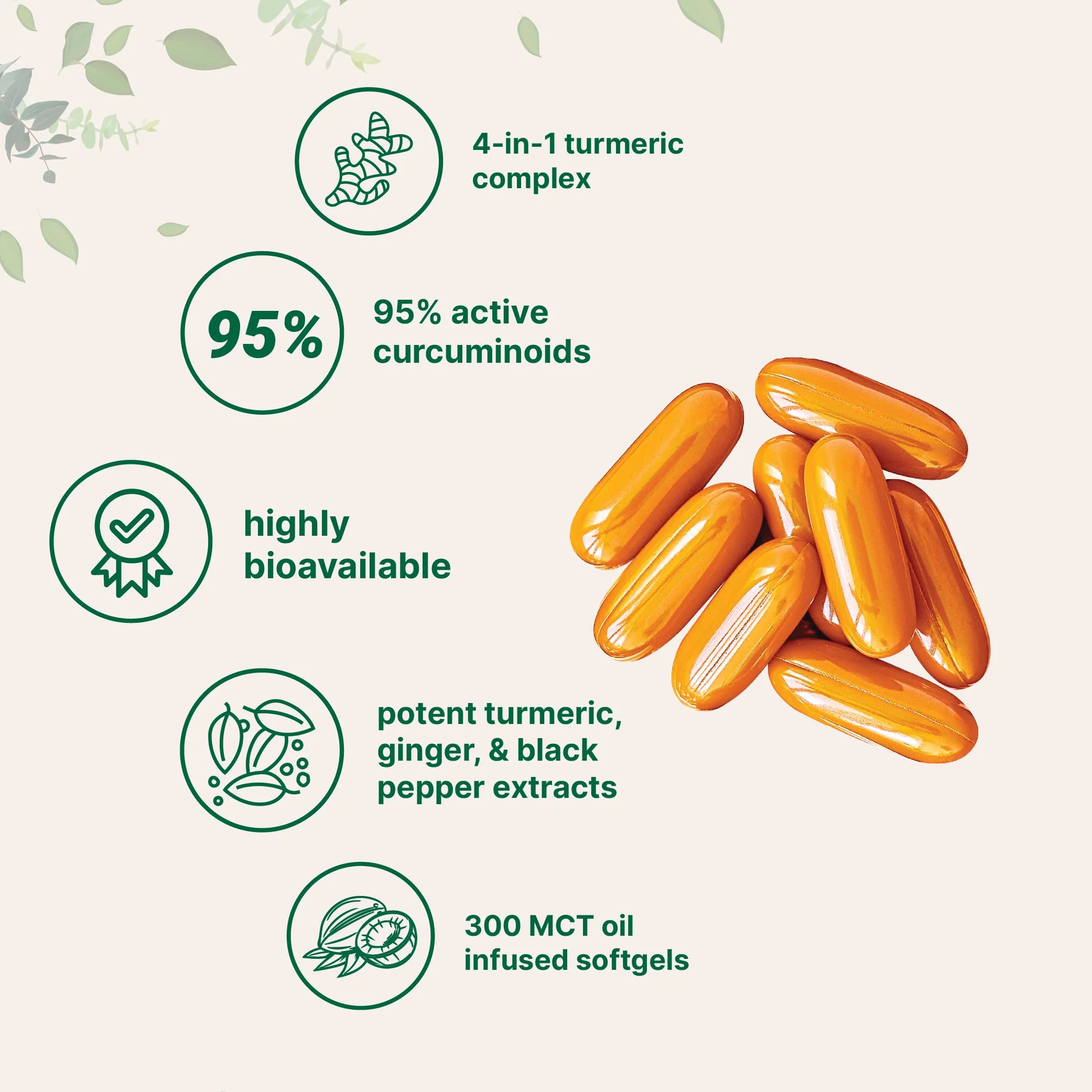 Turmeric Curcumin Supplement with Black Pepper & Ginger 3,000mg, 300 Softgels with MCT Oil for Better Absorption | 95% Curcuminoids | Non-GMO - Image 4