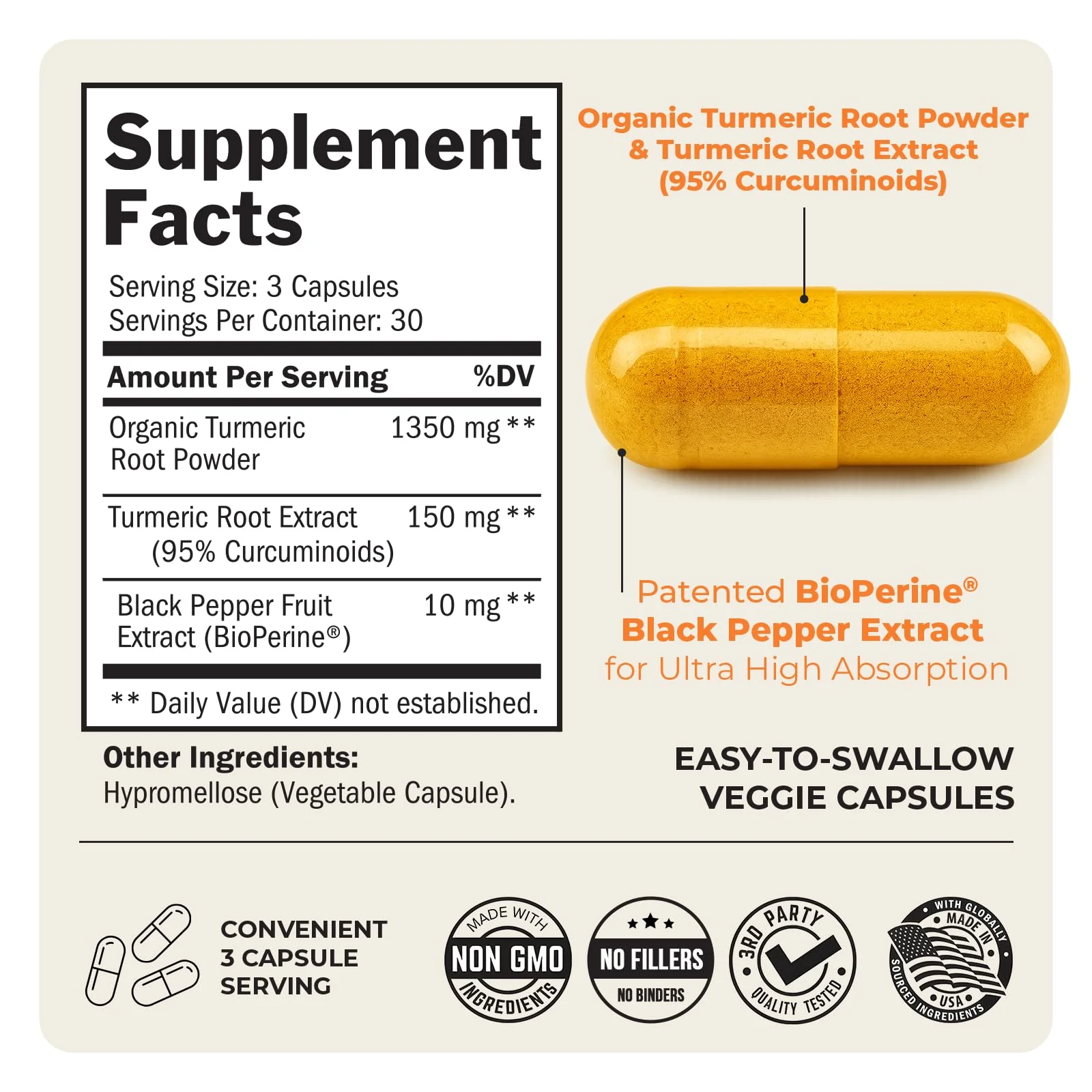 Turmeric Curcumin with Black Pepper Extract 1500mg - High Absorption Ultra Potent Turmeric Supplement with 95% Curcuminoids and BioPerine - Non GMO Tumeric Capsules for Joint Support - 90 Capsules - Image 7