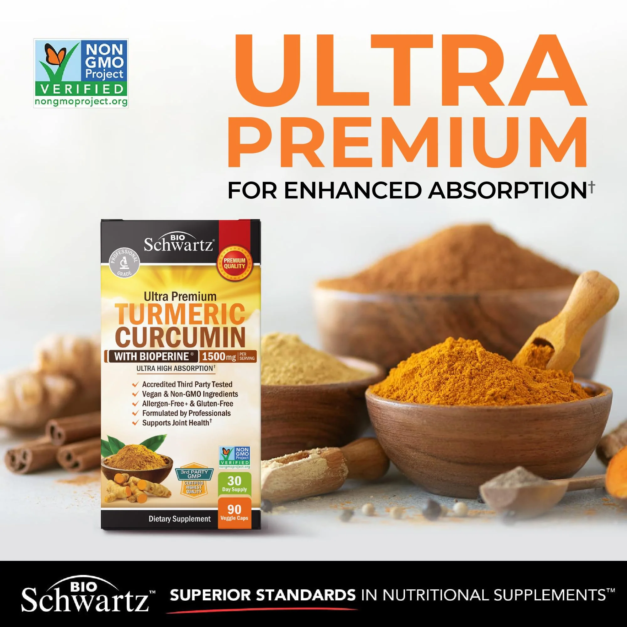 Turmeric Curcumin with Black Pepper Extract 1500mg - High Absorption Ultra Potent Turmeric Supplement with 95% Curcuminoids and BioPerine - Non GMO Tumeric Capsules for Joint Support - 90 Capsules - Image 8