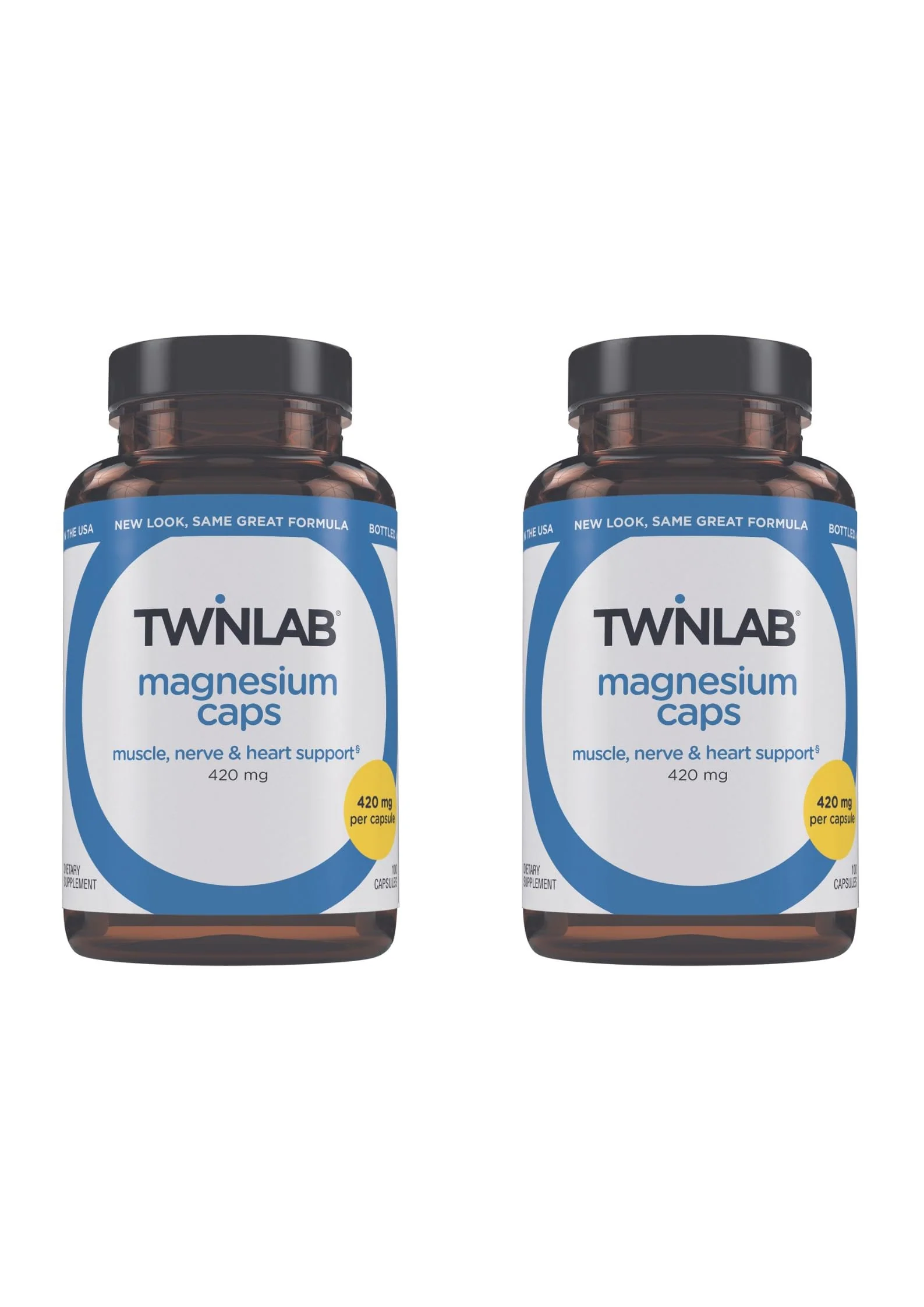 Twinlab Magnesium Caps - High Absorption Magnesium Supplement to Support Leg Cramps Relief - Magnesium Capsules for Stress Relief, 420 mg, 100 Count 2 Pack