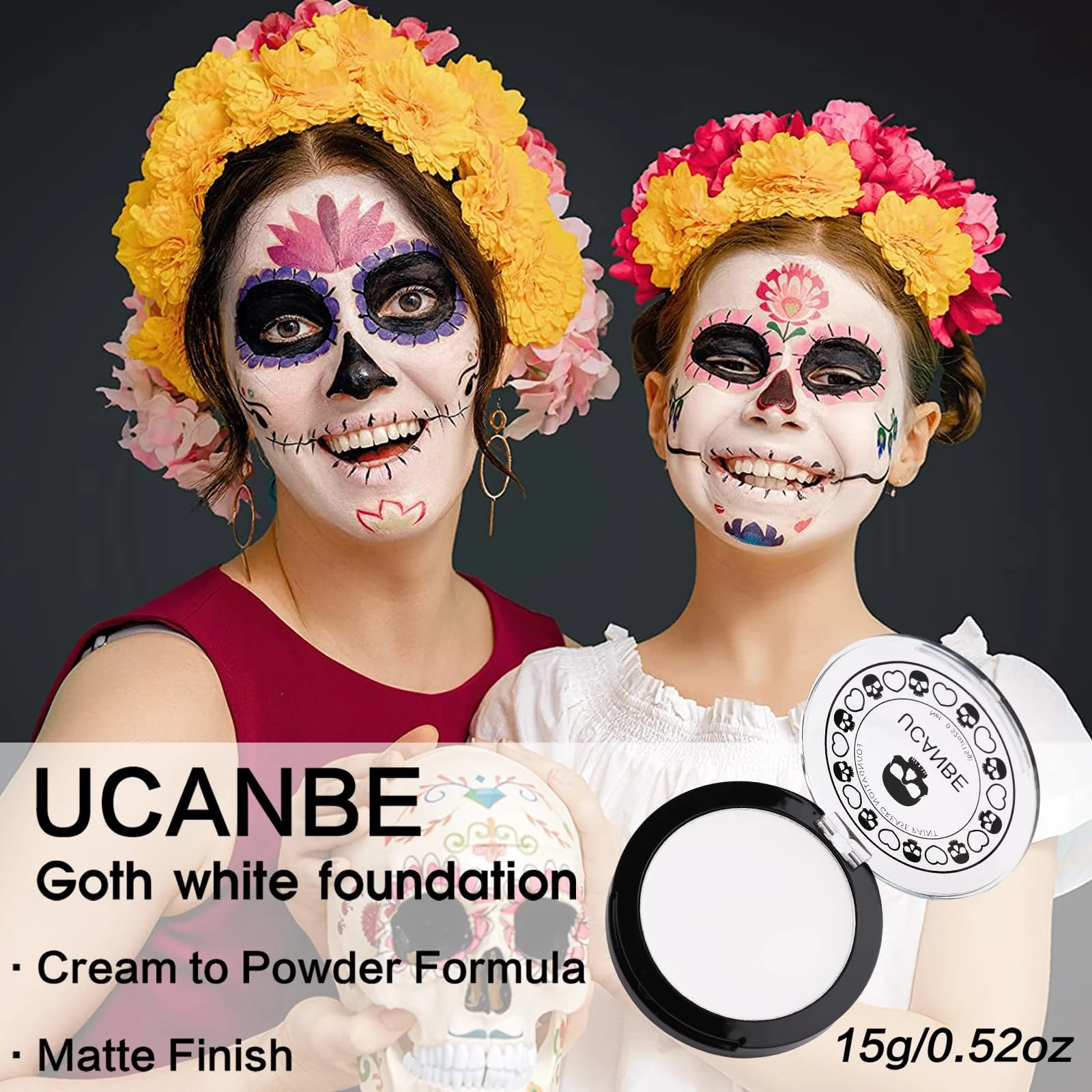 UCANBE Goth White Cream to Powder Foundation Makeup, Professional Clown White Face Body Paint with Matte Finish for Halloween, SFX Makeup, Cosplay, Costume, Stage, Mime & Film(0.52oz) - Image 6