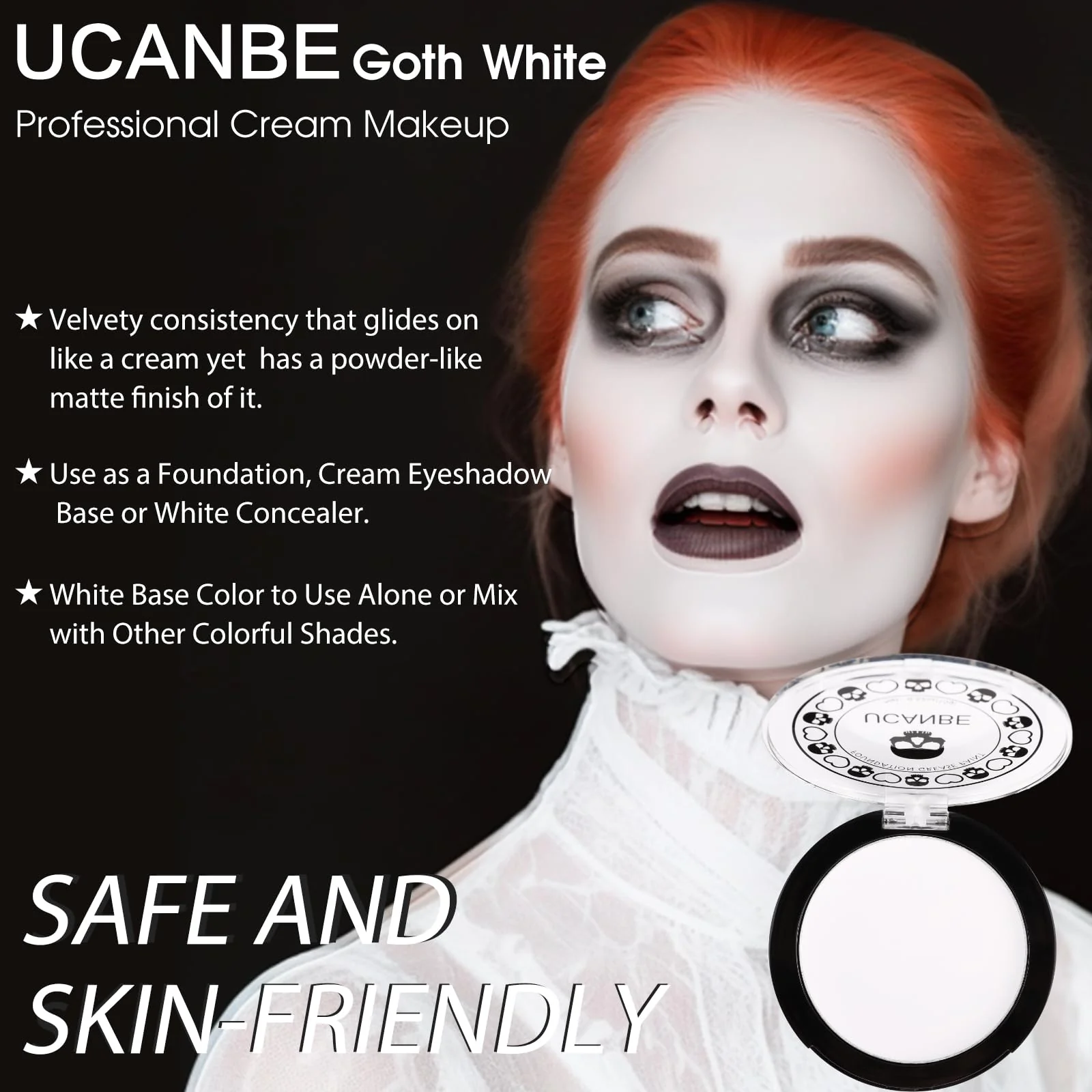 UCANBE Goth White Cream to Powder Foundation Makeup, Professional Clown White Face Body Paint with Matte Finish for Halloween, SFX Makeup, Cosplay, Costume, Stage, Mime & Film(0.52oz) - Image 7