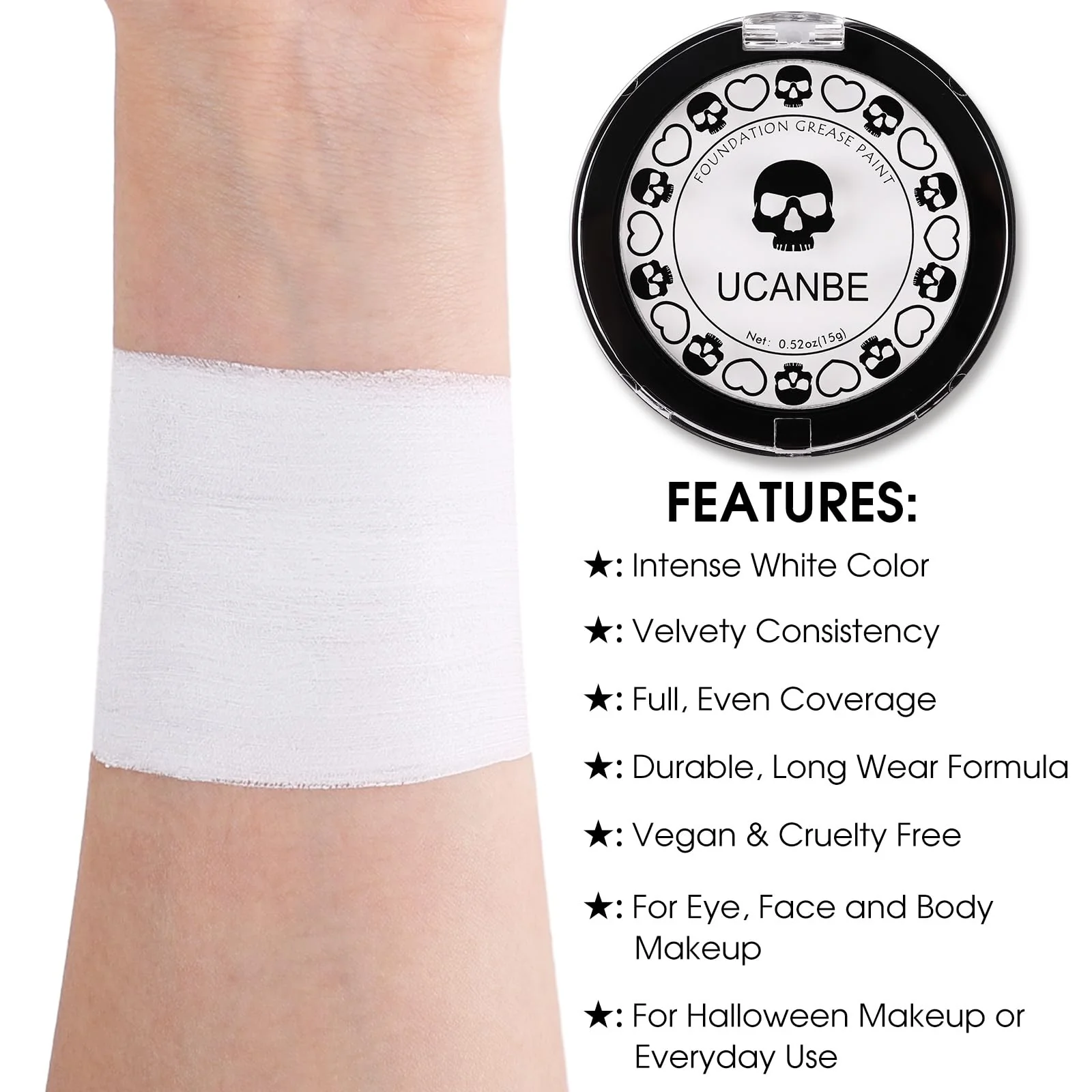 UCANBE Goth White Cream to Powder Foundation Makeup, Professional Clown White Face Body Paint with Matte Finish for Halloween, SFX Makeup, Cosplay, Costume, Stage, Mime & Film(0.52oz) - Image 8