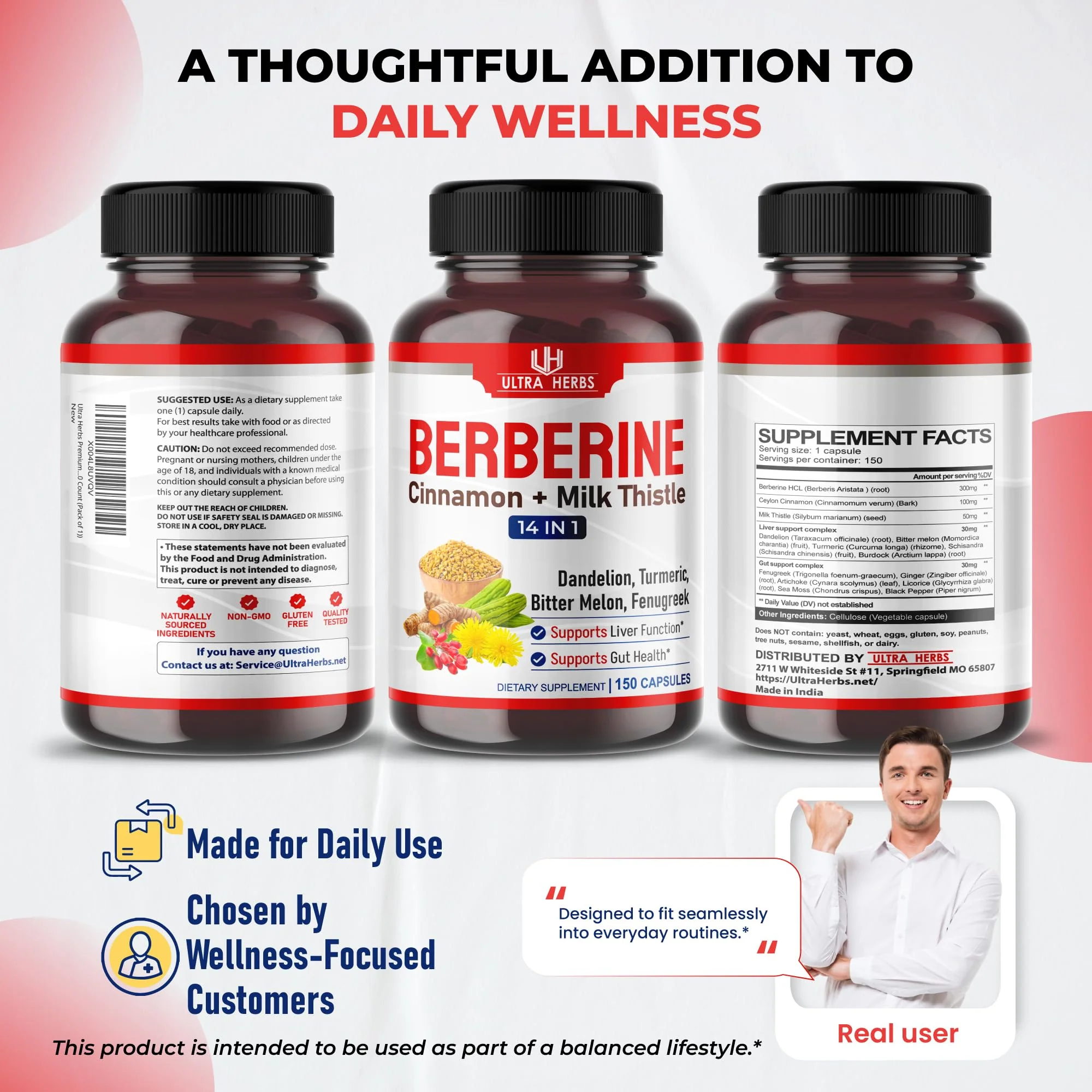 Ultra Herbs Premium Berberine with Cinnamon, Milk Thistle - Promotes Liver Function, Gut Health, Immunity (150 Count (Pack of 1)) - Image 2