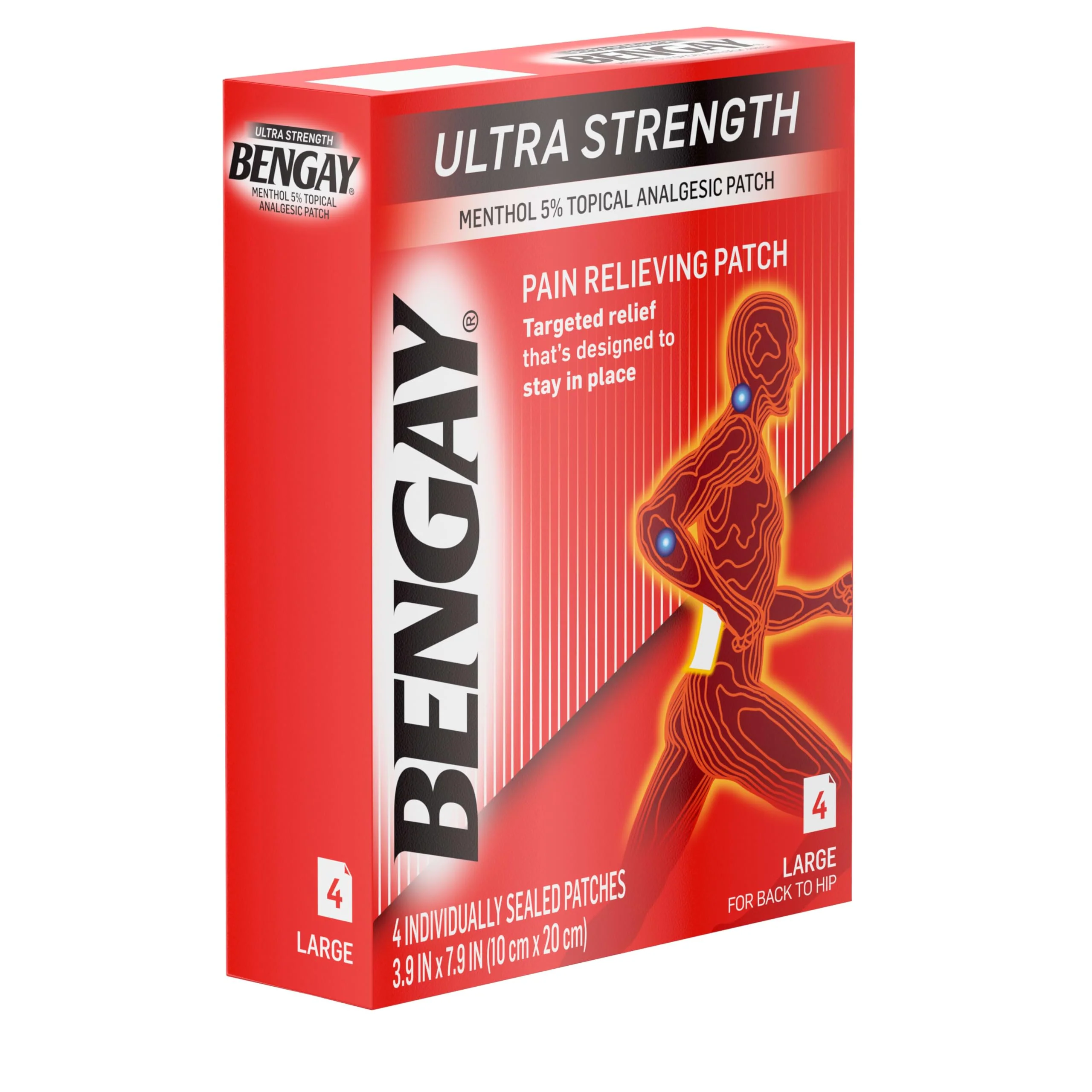 Ultra Strength Bengay Pain Relief Patches, Large Topical Analgesic Menthol Patches for Muscle & Joint Pain Due to Backaches, Minor Arthritis, Sprains, & Strains, 3.9 x 7.9 inches, 4 Count - Image 4