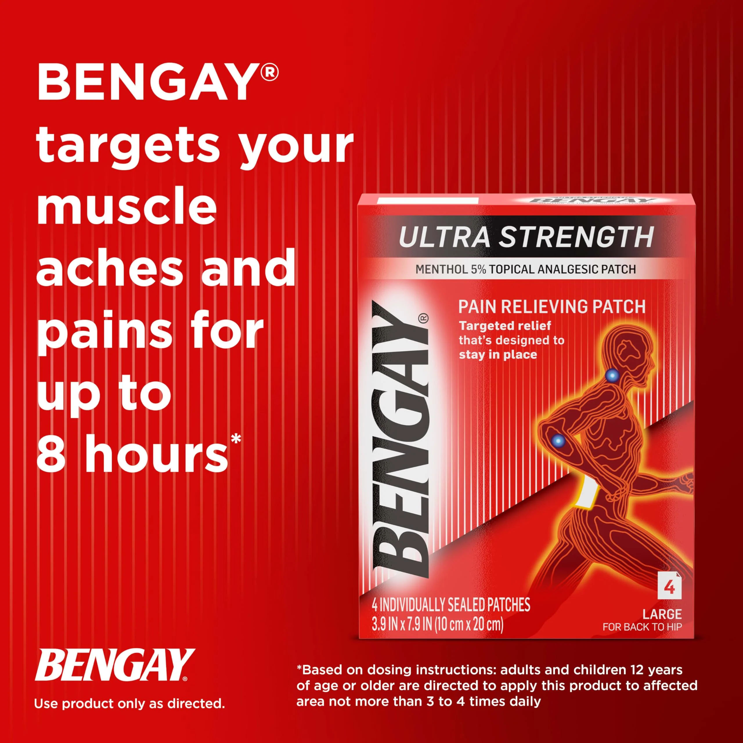 Ultra Strength Bengay Pain Relief Patches, Large Topical Analgesic Menthol Patches for Muscle & Joint Pain Due to Backaches, Minor Arthritis, Sprains, & Strains, 3.9 x 7.9 inches, 4 Count - Image 5