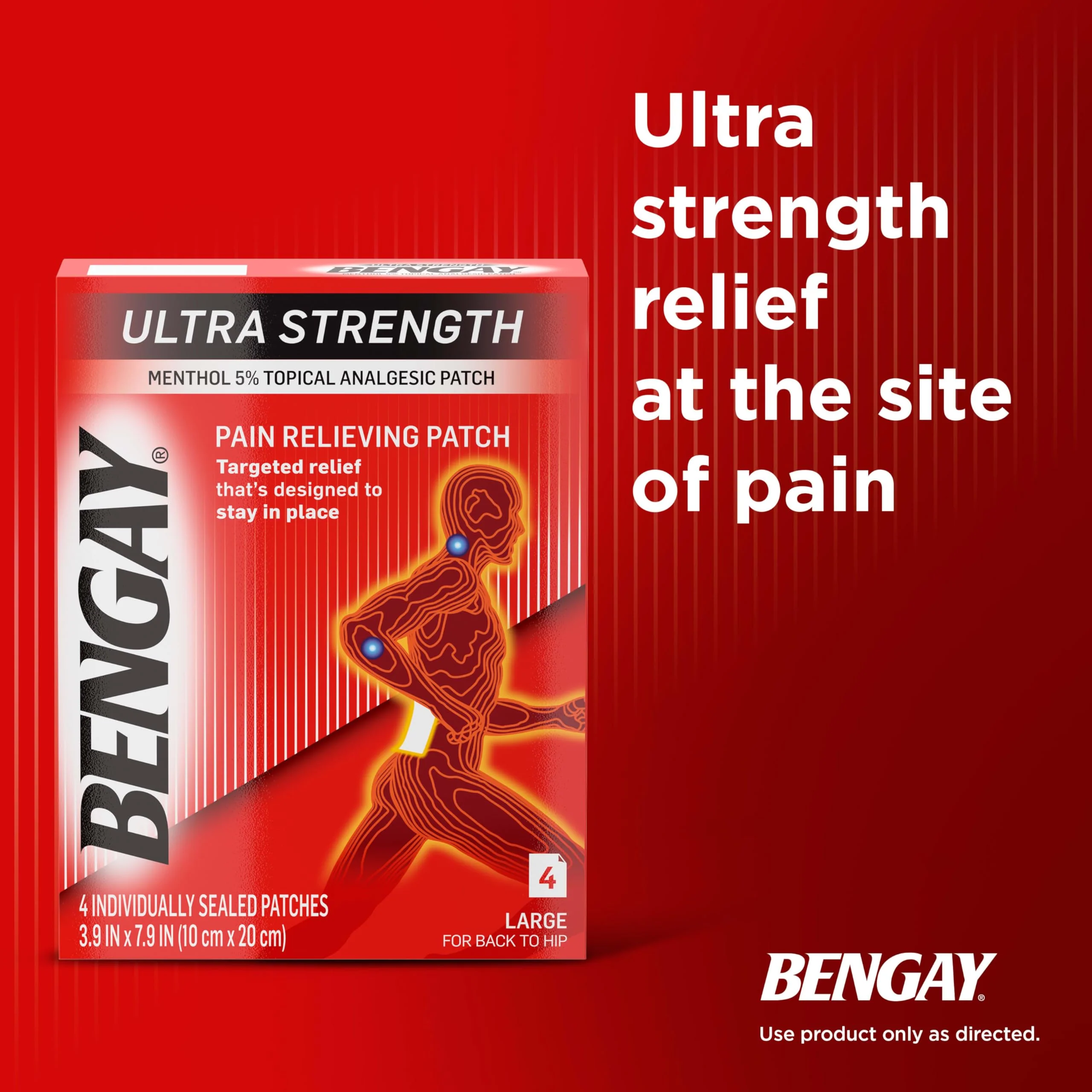 Ultra Strength Bengay Pain Relief Patches, Large Topical Analgesic Menthol Patches for Muscle & Joint Pain Due to Backaches, Minor Arthritis, Sprains, & Strains, 3.9 x 7.9 inches, 4 Count - Image 8