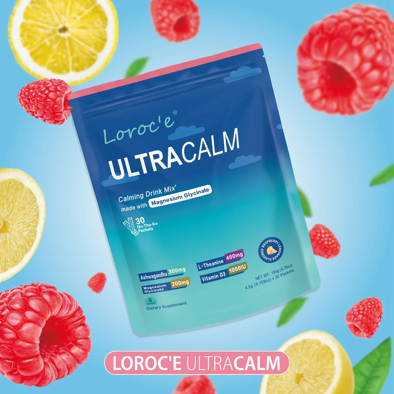 UltraCalm Super Cortisol Drink with Magnesium Glycinate, Ashwagandha, L-Theanine, Vitamin D3, Magnesium Powder for Sleep & Stress Relief, Raspberry Lemonade (30 Servings) - Image 2