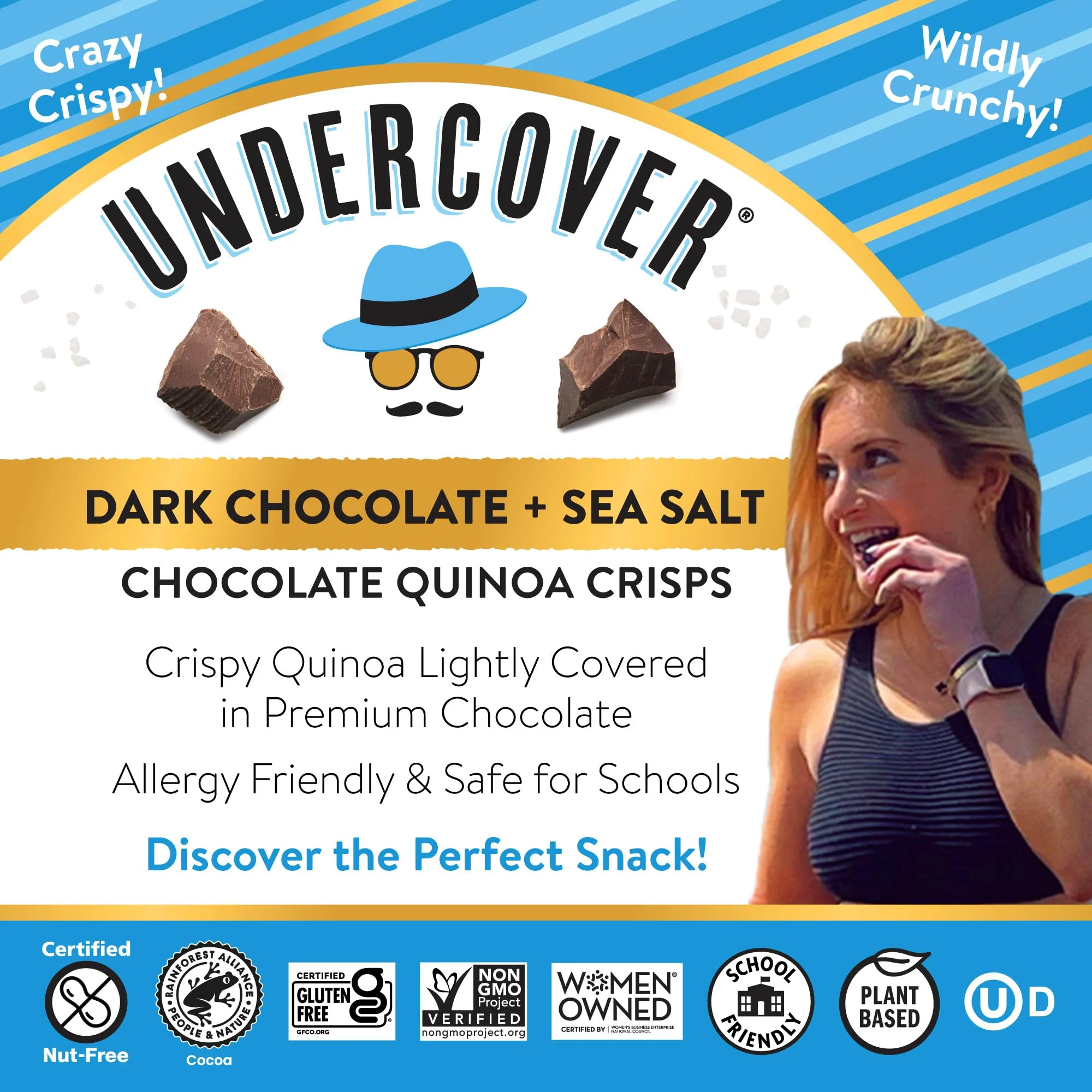 Undercover Snacks Chocolate Quinoa Crisps Snacks - Dark Chocolate + Sea Salt | 70-Count, Individually Wrapped Crisps | Gluten Free, Nut-Free, Allergen Friendly, Kosher, Plant-Based, NOT AIRLINE SIZE - Image 6