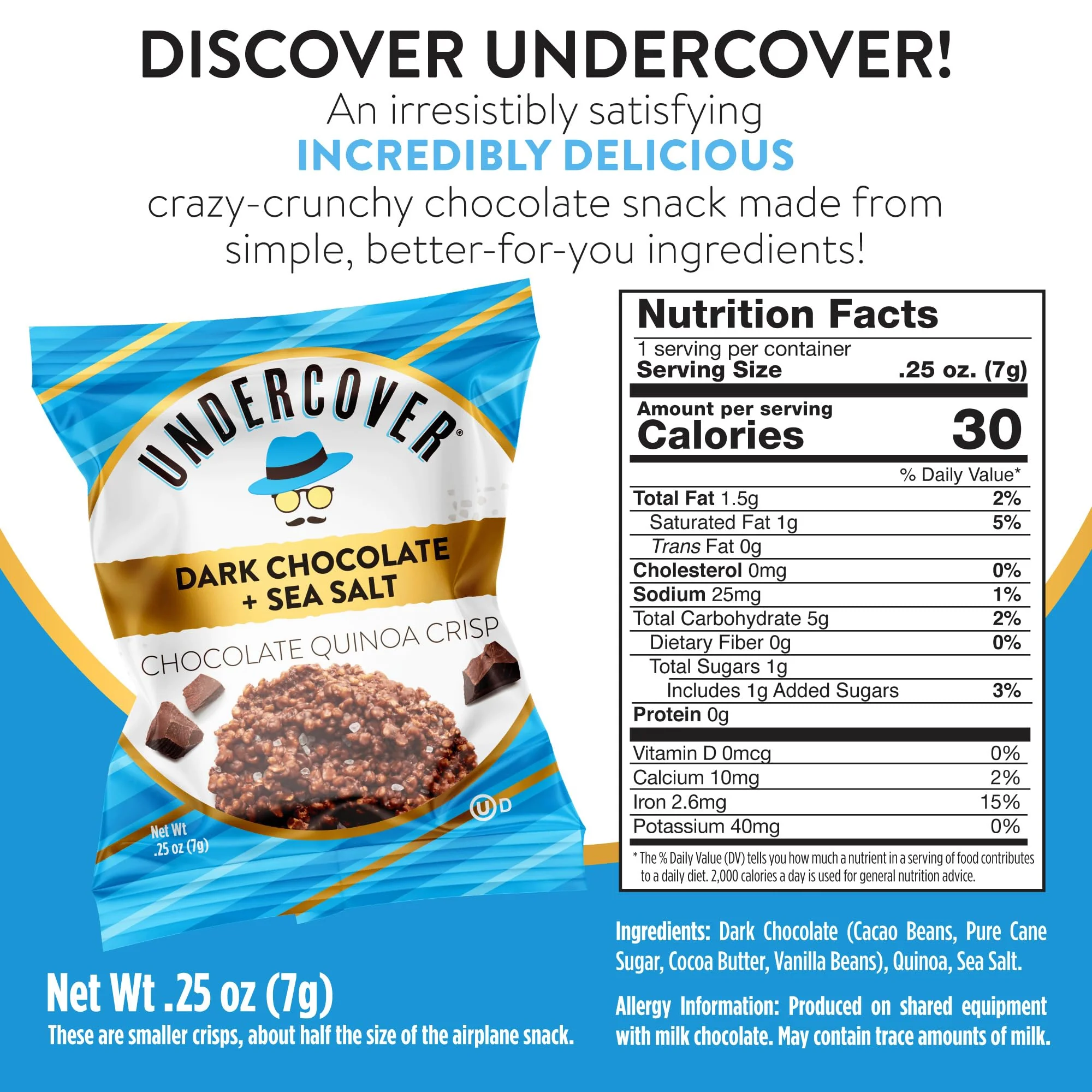 Undercover Snacks Chocolate Quinoa Crisps Snacks - Dark Chocolate + Sea Salt | 70-Count, Individually Wrapped Crisps | Gluten Free, Nut-Free, Allergen Friendly, Kosher, Plant-Based, NOT AIRLINE SIZE - Image 7
