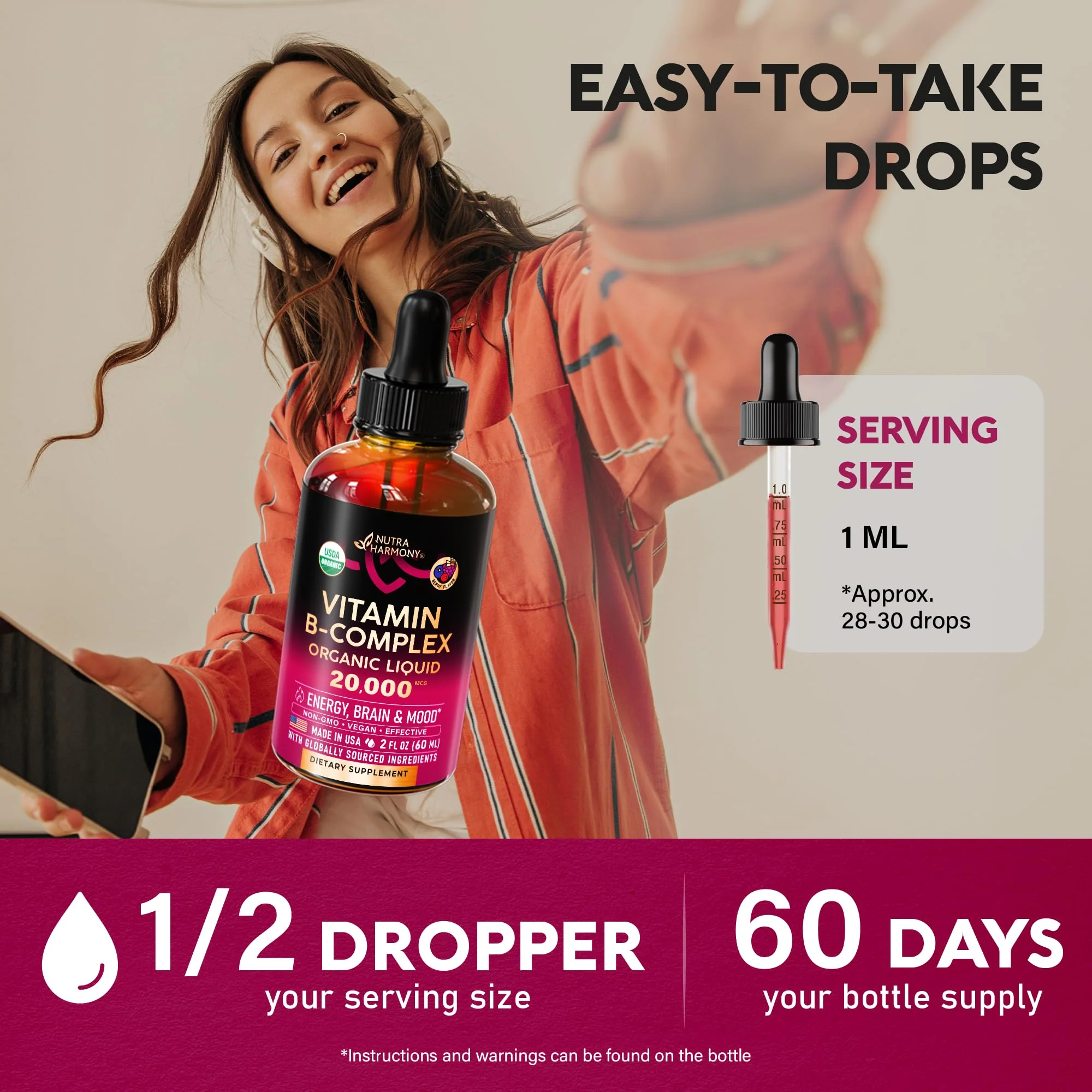 USDA Organic Vitamin B-Complex B5 Pantothenic Acid | B12 Methylcobalamin | B1 Thiamine | B6 Pyridoxine | B7 Biotin | B9 Folic | B3 Niacinamide - B Complex Liquid Drops, Made in USA Supplement, 2fl oz - Image 4