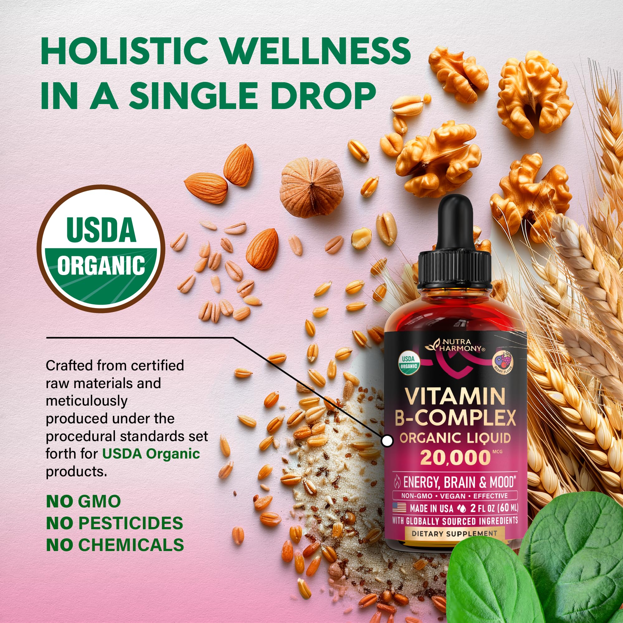 USDA Organic Vitamin B-Complex B5 Pantothenic Acid | B12 Methylcobalamin | B1 Thiamine | B6 Pyridoxine | B7 Biotin | B9 Folic | B3 Niacinamide - B Complex Liquid Drops, Made in USA Supplement, 2fl oz - Image 7