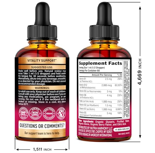 USDA Organic Vitamin B-Complex B5 Pantothenic Acid | B12 Methylcobalamin | B1 Thiamine | B6 Pyridoxine | B7 Biotin | B9 Folic | B3 Niacinamide - B Complex Liquid Drops, Made in USA Supplement, 2fl oz - Image 9