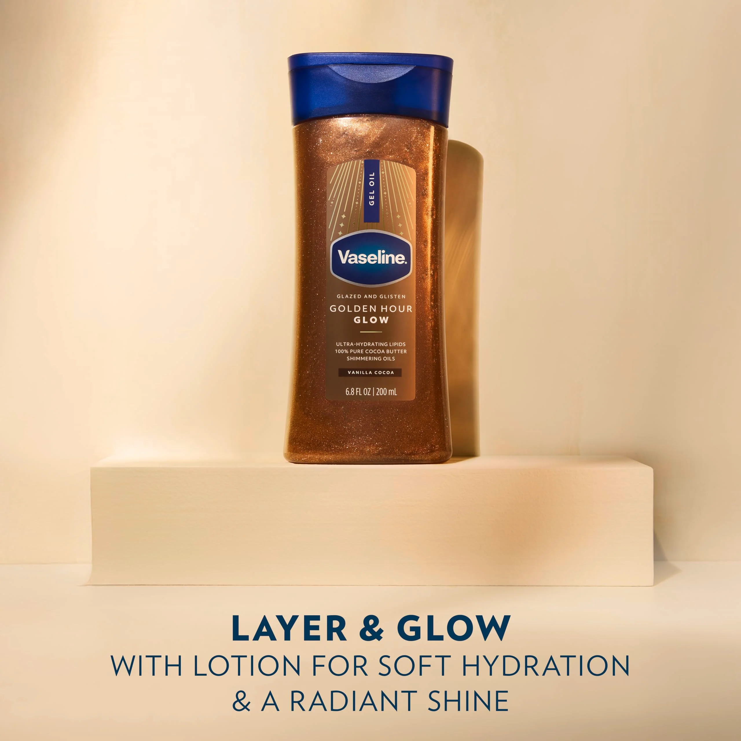 Vaseline Glazed and Glisten Golden Hour Body Gel Oil Glow Vanilla Cocoa Shimmering with Ultra-Hydrating Lipids and 100% Pure Cocoa Butter, 6.8 Oz - Image 6
