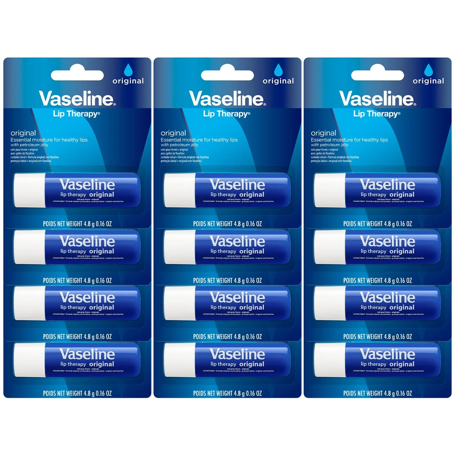 Vaseline Lip Therapy Original 12-Pack – Lip Moisturizer for Dry, Cracked Lips, 0.16 Oz Ea