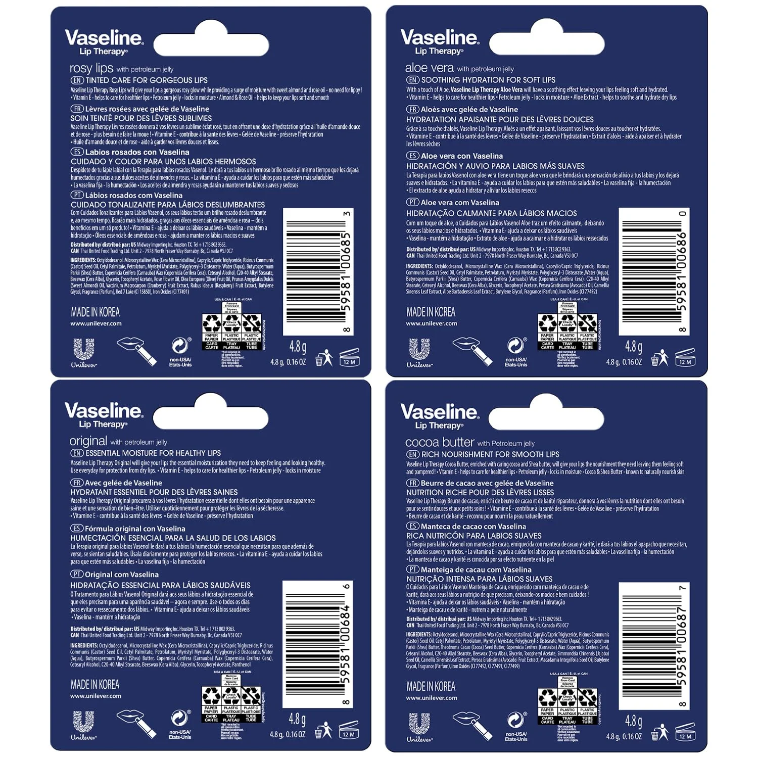 Vaseline Lip Therapy Variety 4-Pack, Moisturizing Lip Balm with Vitamin E, 0.16 Oz Ea - Image 9