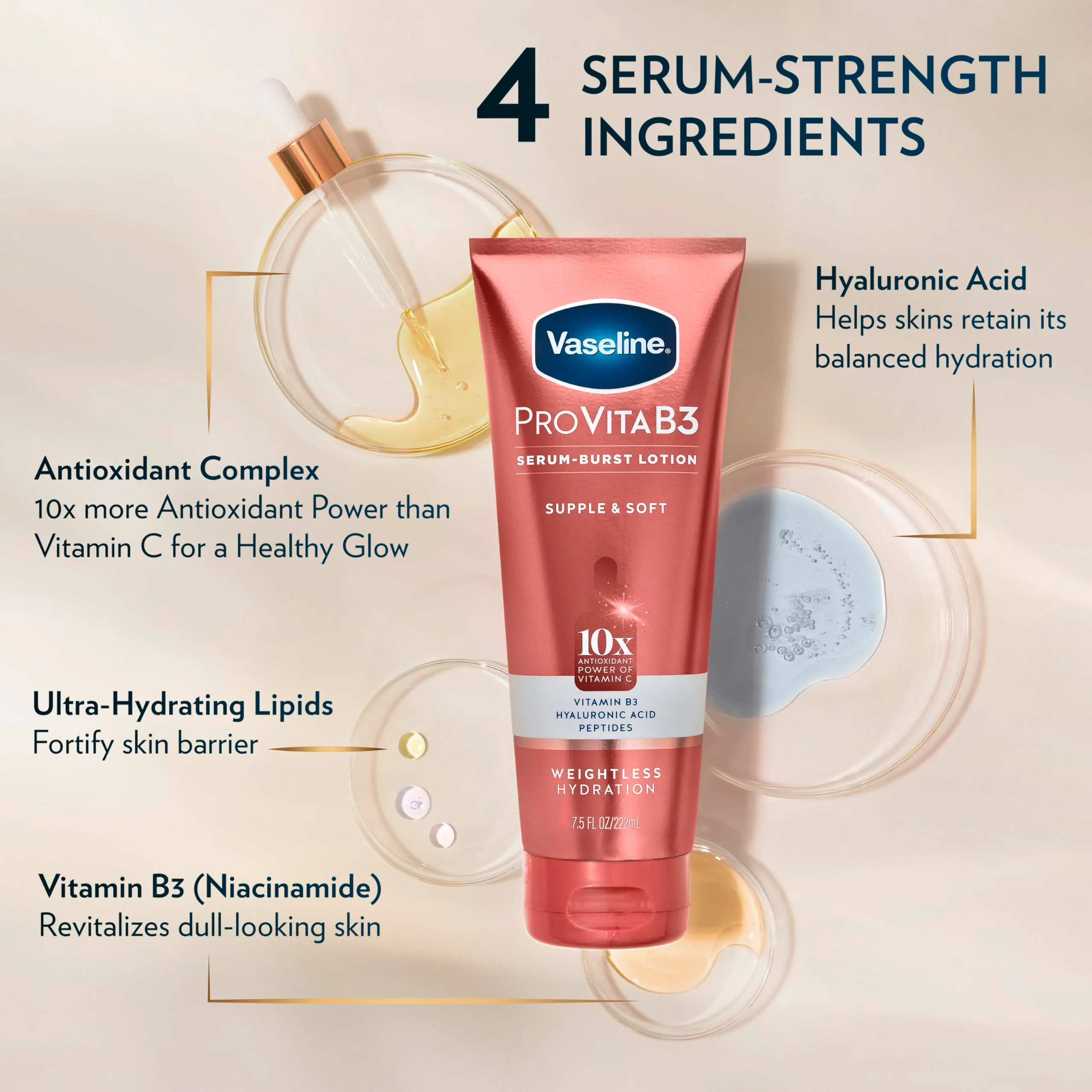 Vaseline Pro VitaB3 Serum Burst Lotion Supple & Soft Healthy, Hydrated Skin, Lightweight 10x Antioxidant Power of Vitamin C with Vitamin B3, Hyaluronic Acid & Peptides, 7.5 fl oz - Image 6