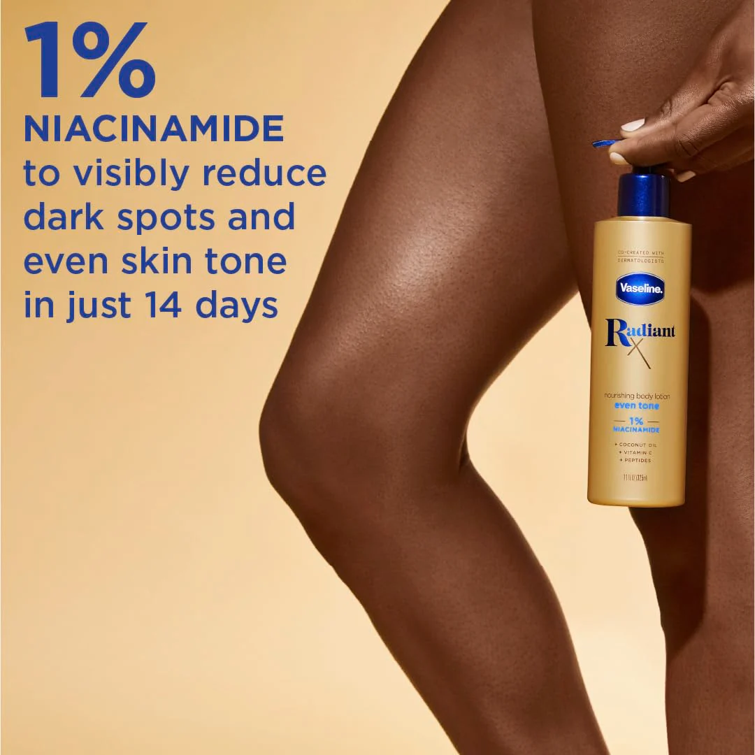 Vaseline Radiant X Even Tone Nourishing Body Lotion With 1% Niacinamide, Coconut Oil, Vitamin C, & Peptides 11 oz - Image 4