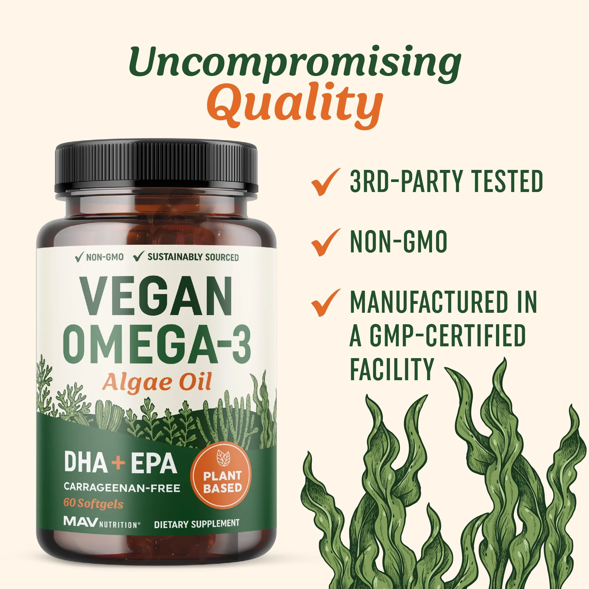 Vegan Omega 3 Algae Oil | Plant Based DHA EPA | Sustainably Sourced, No Carrageenan, Non GMO | Heart, Brain, and Eye Health | Fish Oil Alternative | Algae Omega 3 Supplement | 60 Softgel Capsules - Image 3