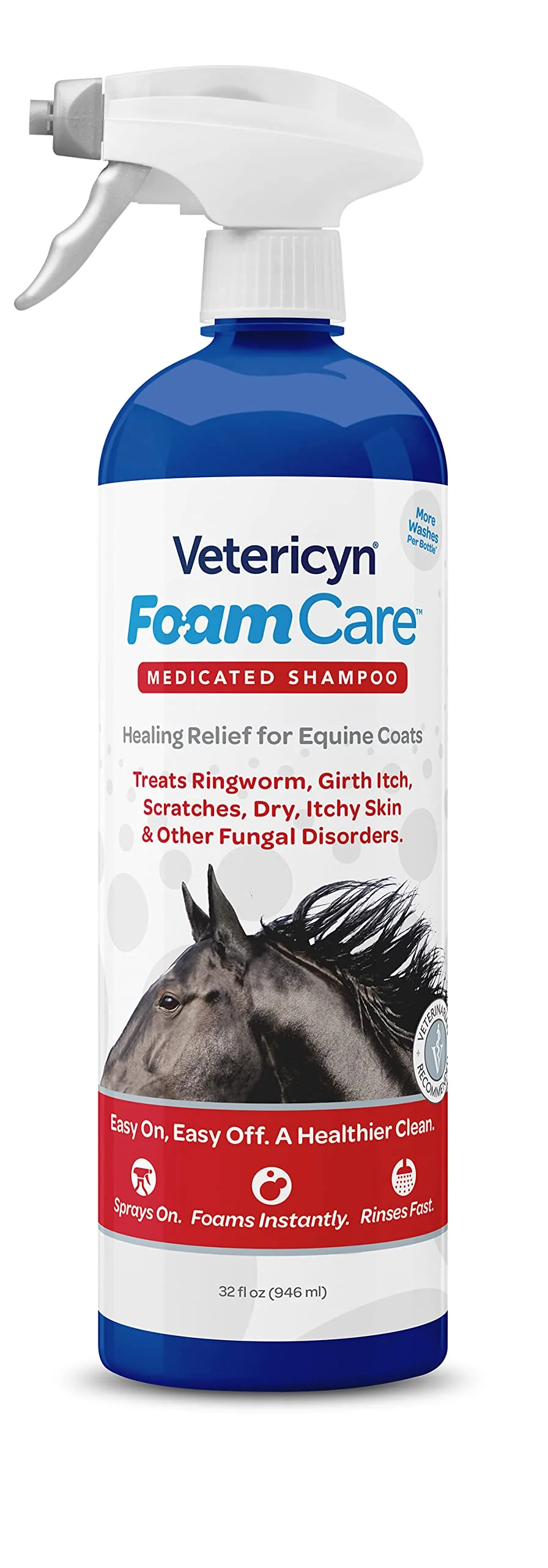 Vetericyn FoamCare Medicated Horse Shampoo | Sprayable Equine Shampoo with Ketoconazole for Healing Relief from Itchy Skin, Fungal Issues, Ring Worm, and More. 32 fl oz.