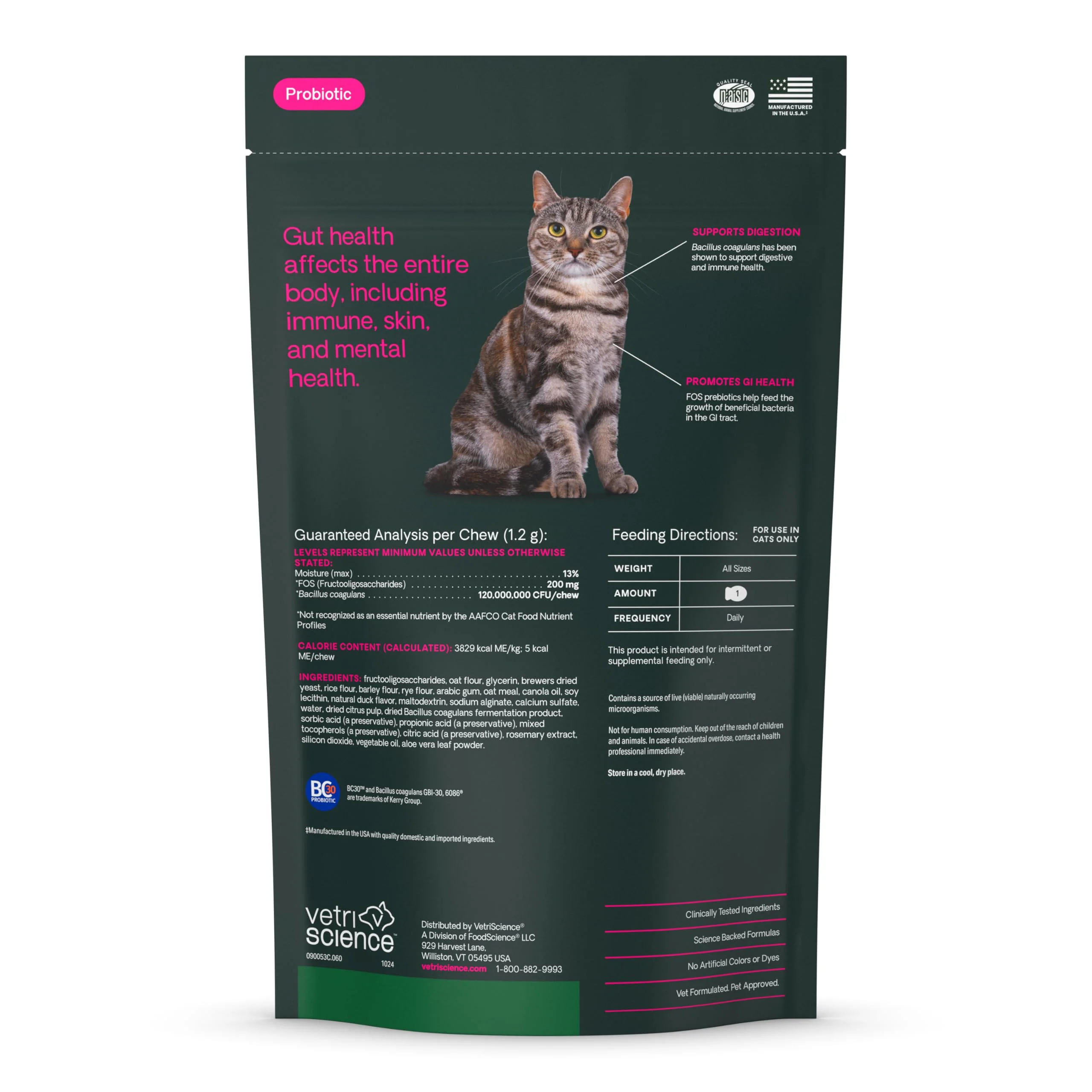 VetriScience Gut Health Chews, Probiotic Everyday Digestive Supplement for Cats, Pet Probiotics for Digestion Support, Gas and Diarrhea, Immune Support, 120 Million CFU Per Chew, Duck, 60 Count - Image 2