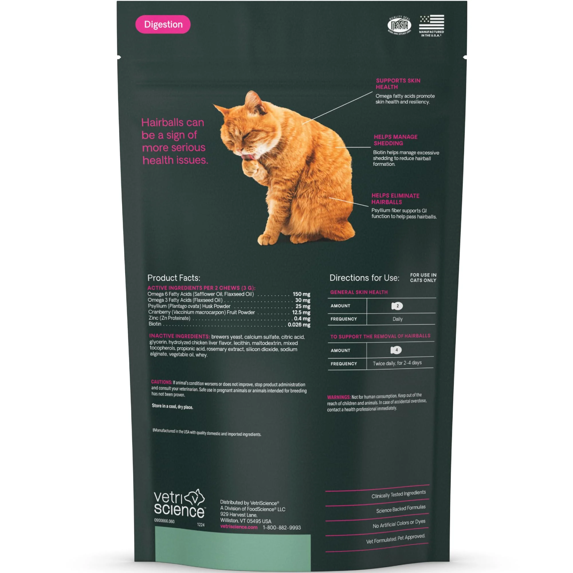 VetriScience Hairball Control Chews for Cats, Omega-3 and Fiber Supplement, Support Digestion and Skin and Coat, Tasty Small Bites, Chicken, 60 Count - Image 2