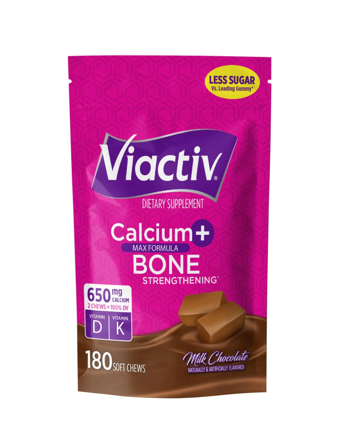 Viactiv Calcium + Vitamin D Supplement Soft Chews for Women & Men - Chewable Calcium for Bone Health Support, 650 mg per Serving, Vitamin D & K for High Absorption - 180 Count, Milk Chocolate - Image 2