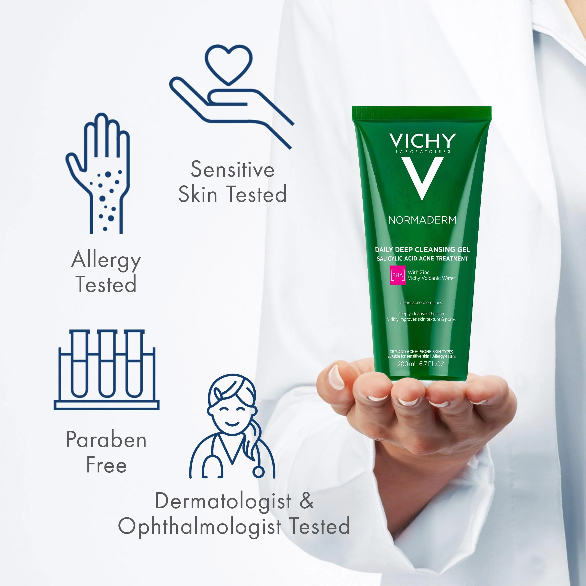VICHY Normaderm Daily Acne Face Wash, 0.5% Salicylic Acid Cleanser, Gel Cleanser For Oily Skin, Removes Excess Oil, Dirt & Clogged Pores, Oil Free Acne Wash, Soap & Sulfate Free, Non-Drying - Image 4