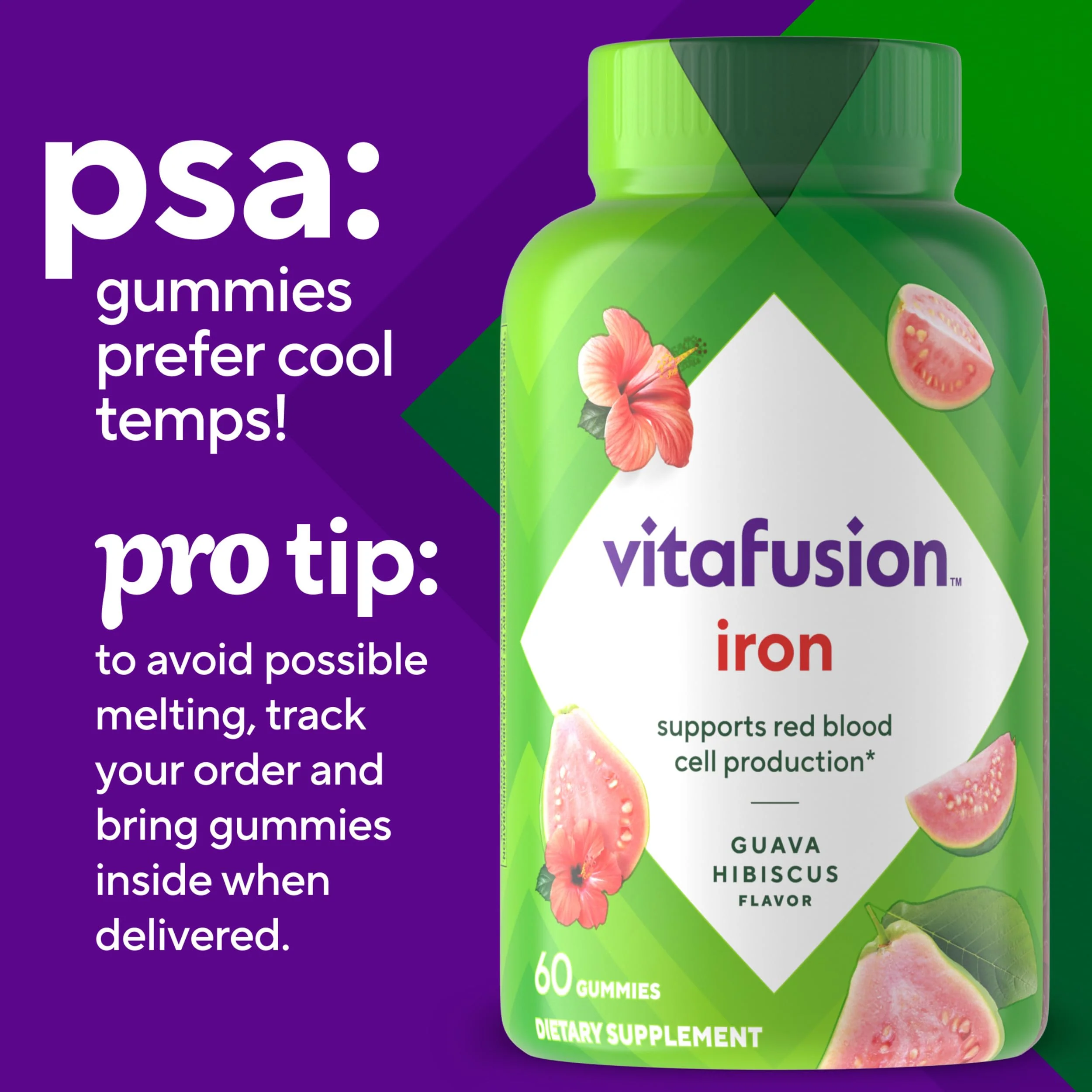 Vitafusion Iron Gummy Vitamin Supplement, Supports Red Blood Cell Production*, Guava Hibiscus Flavor, 30 Servings, 60 Count - Image 2