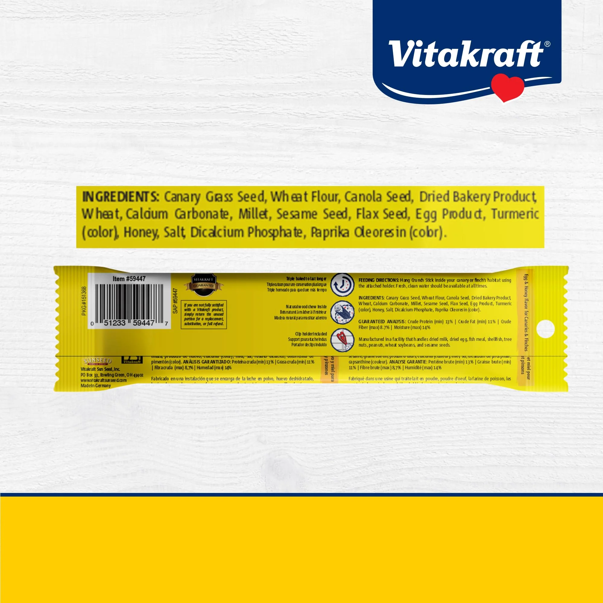 Vitakraft Crunch Sticks Parakeet Treats Egg and Honey Flavor 2 Pack - Long Lasting Seed Stick with Natural Wood Center Clip Holder and Nutritious Ingredients for Happy Engaged Birds - Image 3