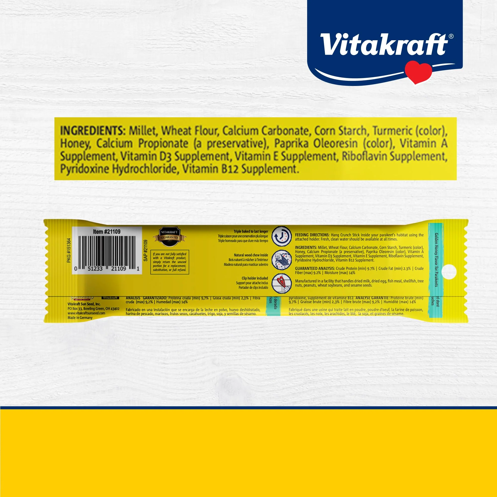 Vitakraft Crunch Sticks Parakeet Treats Golden Honey Flavor – Triple-Baked Snack with Vitamins A D3 E Riboflavin and B12 – Natural Wood Chew Center and Cage Clip Holder – Engaging 2 Stick Pack - Image 3