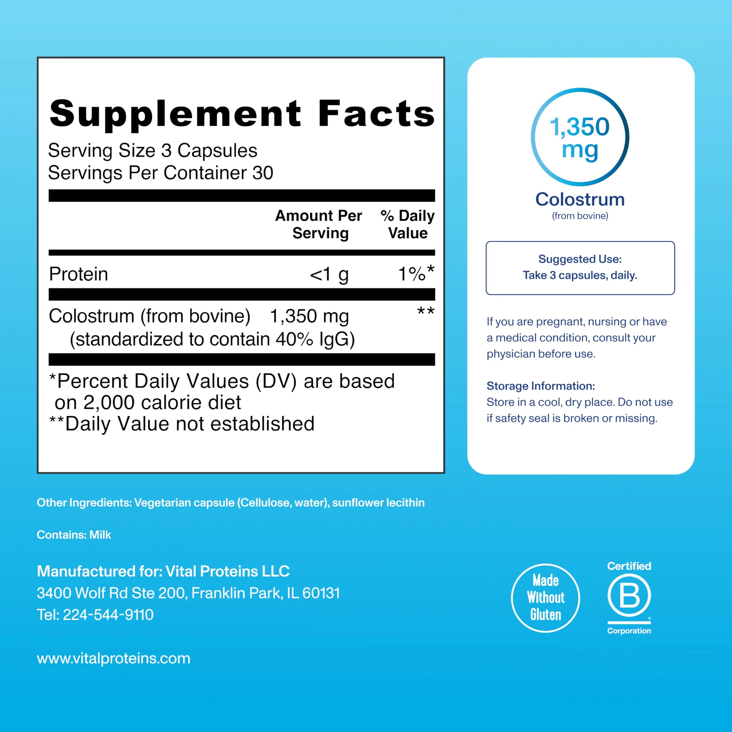 Vital Proteins Bovine Colostrum Supplement 90 Capsules for Gut Health, Immune Support with 40% IgG Premium Bovine Colostrum Superfood, Unflavored, 30 Servings - Image 5