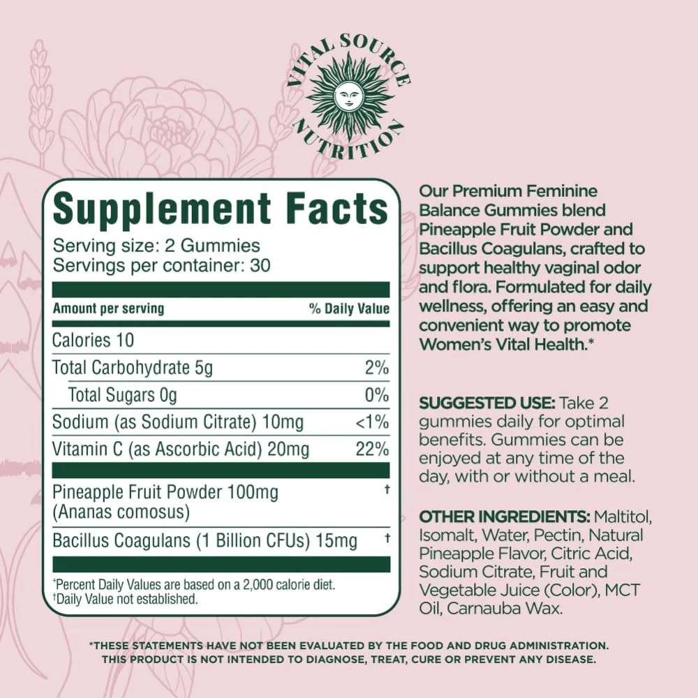 Vital Source Nutrition - Premium Feminine Balance Gummies - for Women’s Health & Wellness - Immune Support - Vegan, Gluten-Free - Hawaiian Pineapple - 60 Gummies - 30 Servings - Image 2