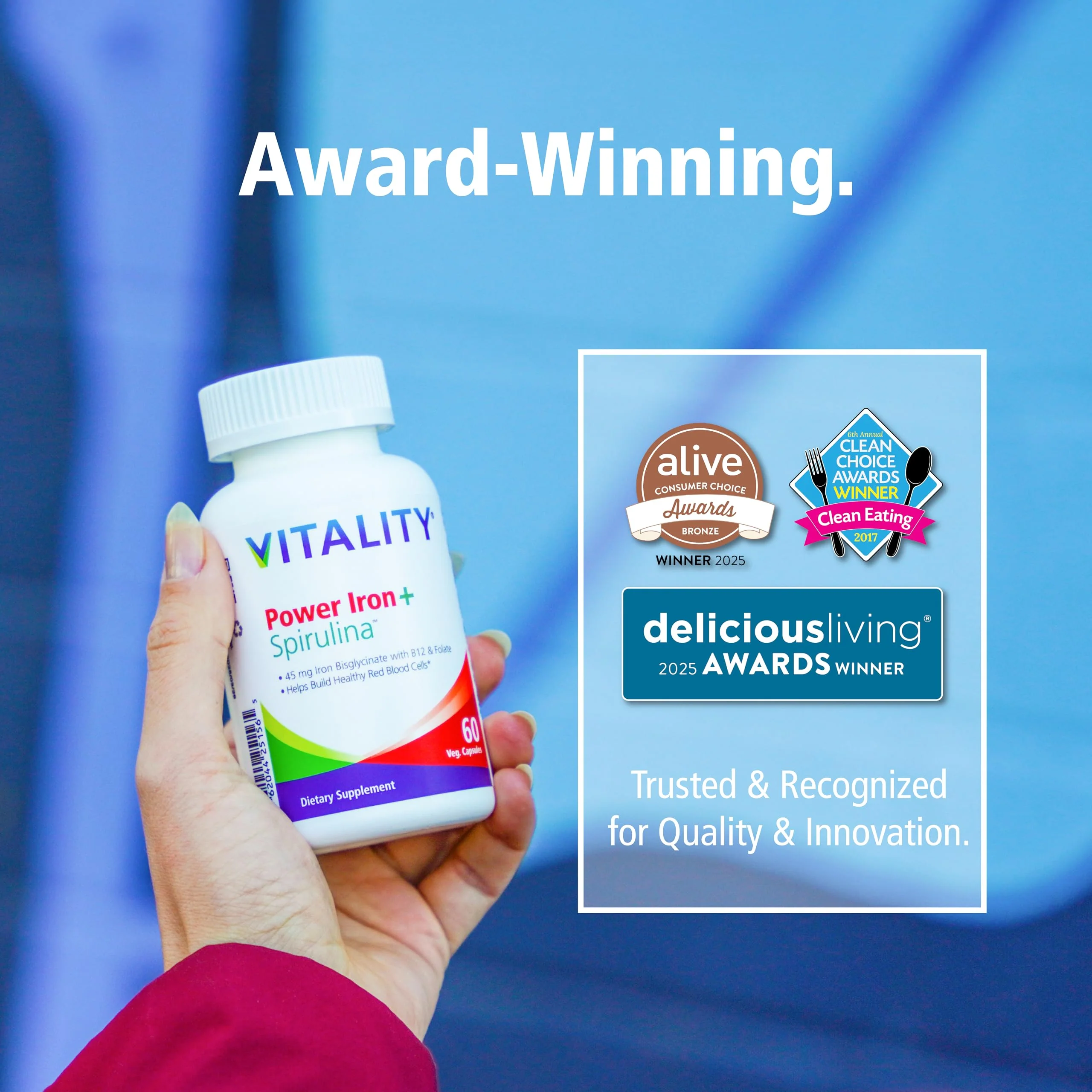 Vitality Power Iron + Spirulina | 45mg Iron | Blood Builder | Iron Deficiency Support | Vegan | All Natural Supplement | Gentle on Stomach | 30 Capsules - Image 4
