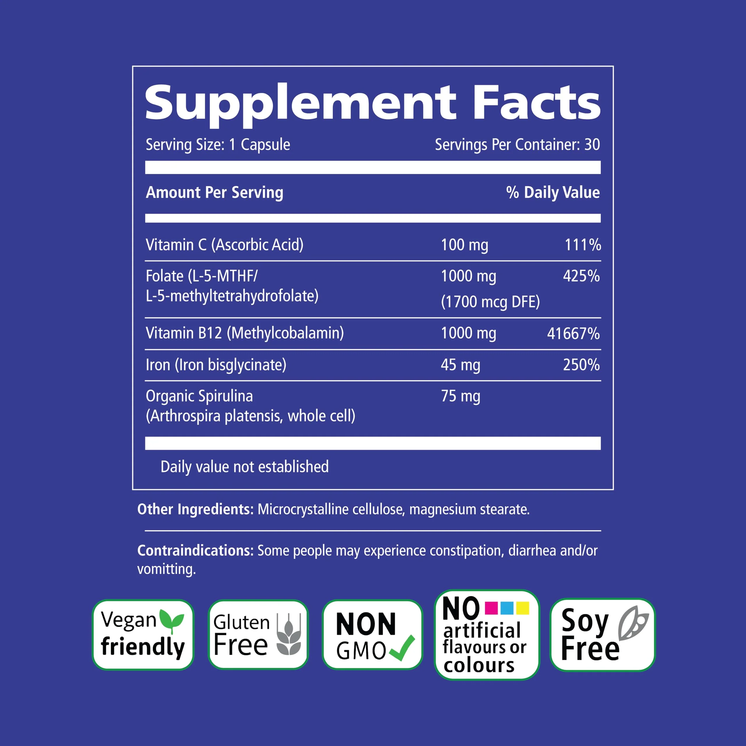 Vitality Power Iron + Spirulina | 45mg Iron | Blood Builder | Iron Deficiency Support | Vegan | All Natural Supplement | Gentle on Stomach | 30 Capsules - Image 5